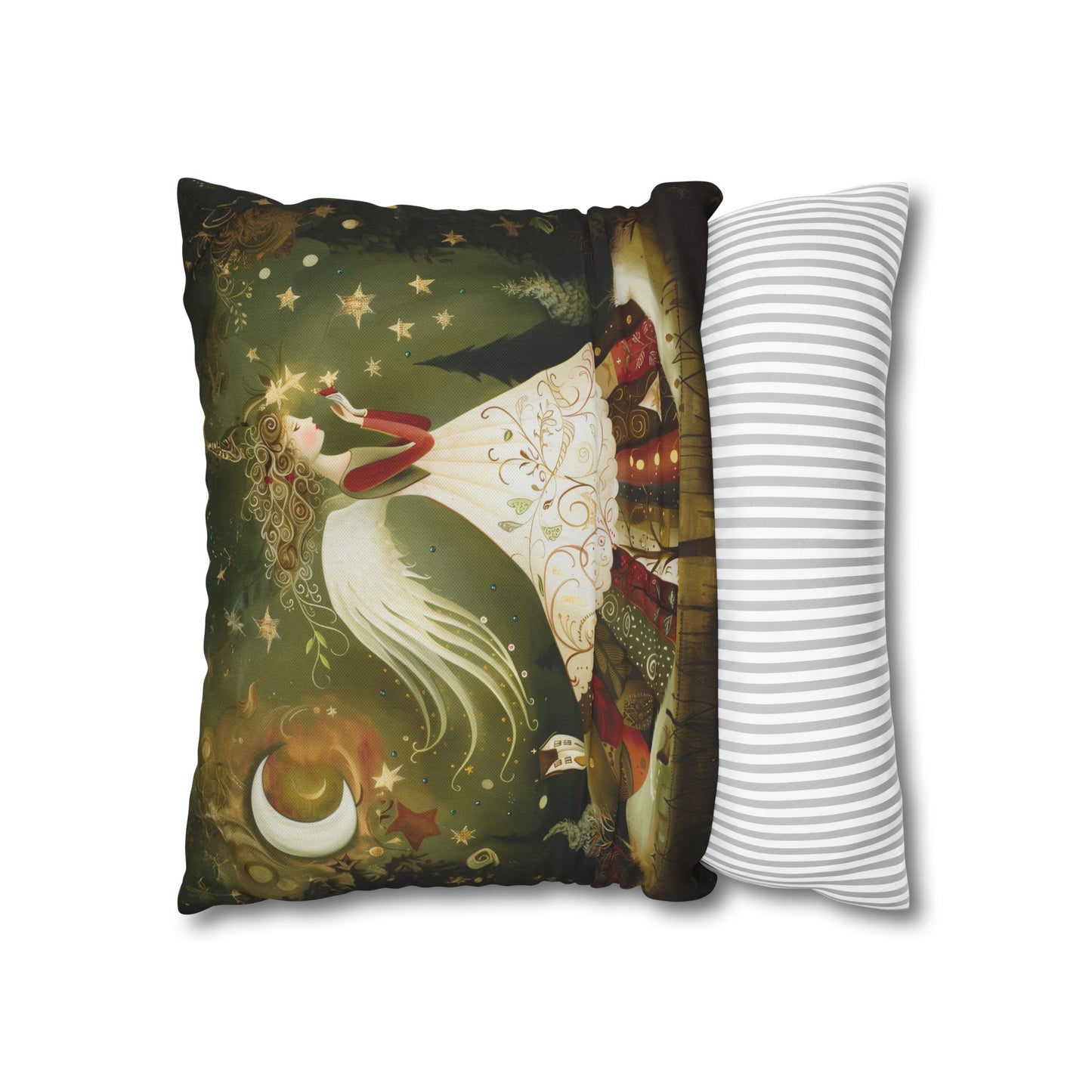 Christmas Angel in Tapestry Dress Amidst a Starlit Forest Spun Polyester Square Pillowcase 4 Sizes