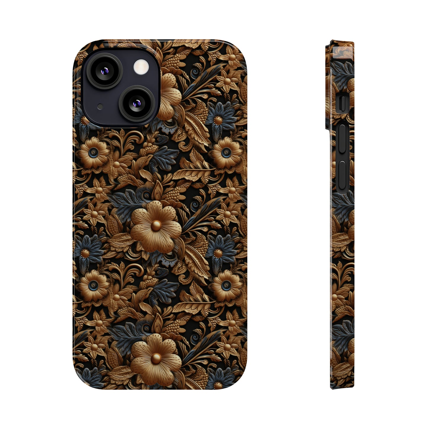 Tooled Leather Gold Flowers with Blue Leaves Accent Print Design Iphone 15-12 Slim Phone Case