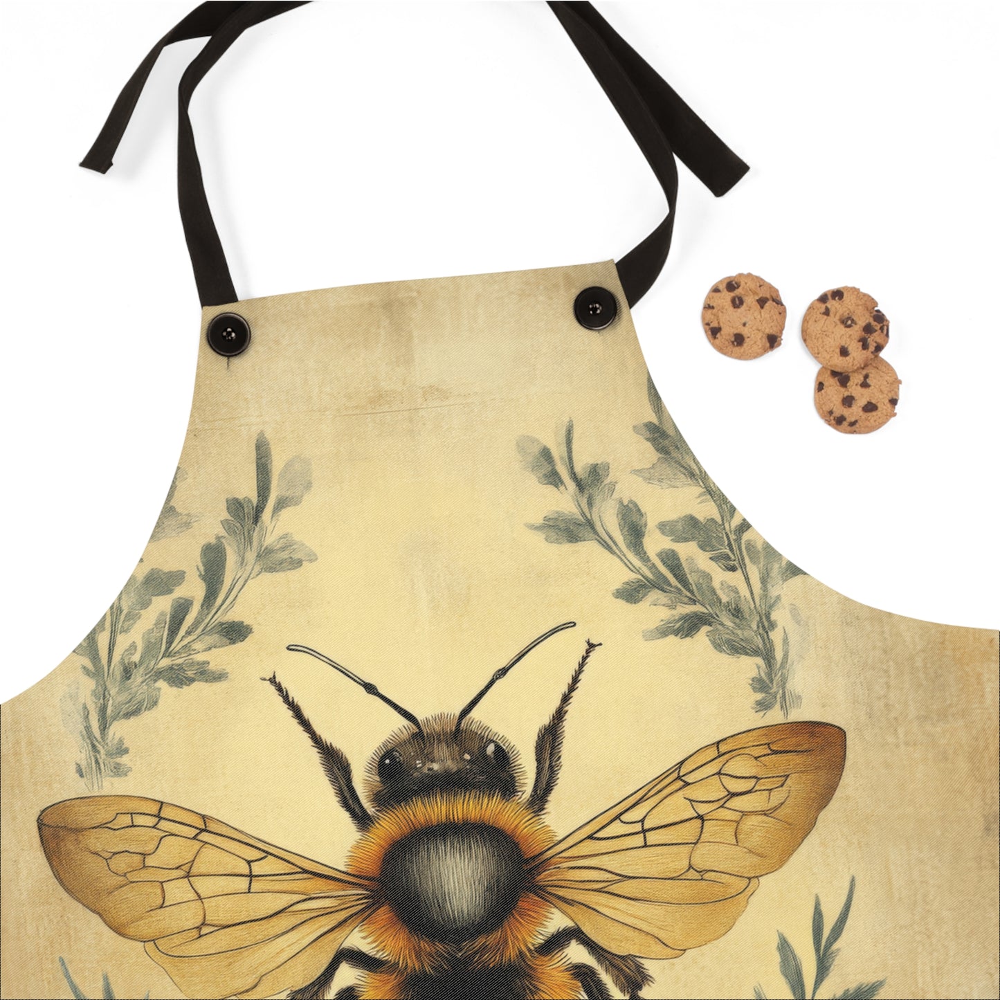 Vintage Botanical Bee Illustration with Ferns Kitchen Chef Apron