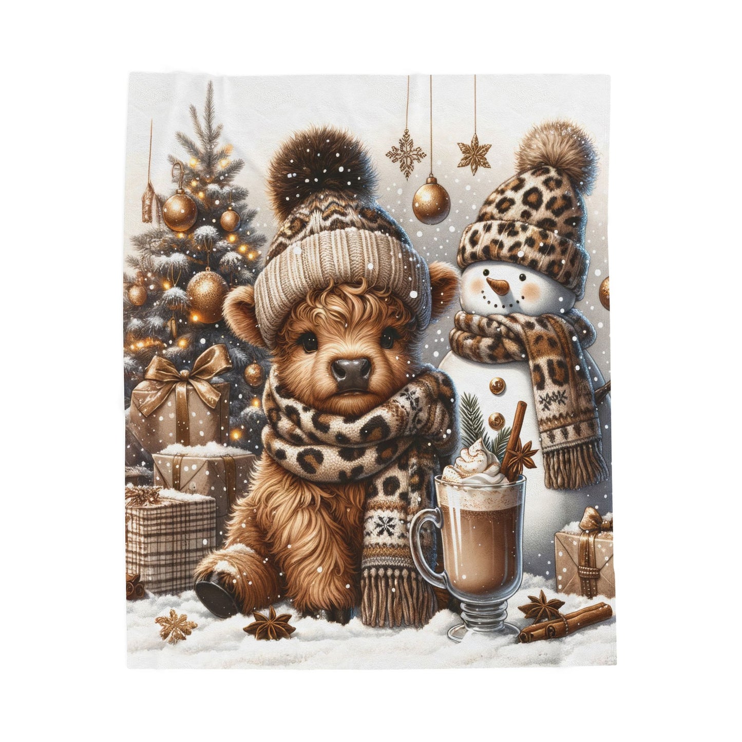 Cute Baby Highland Cow Christmas Trees Presents Leopard Velveteen Plush Blanket 3 Sizes