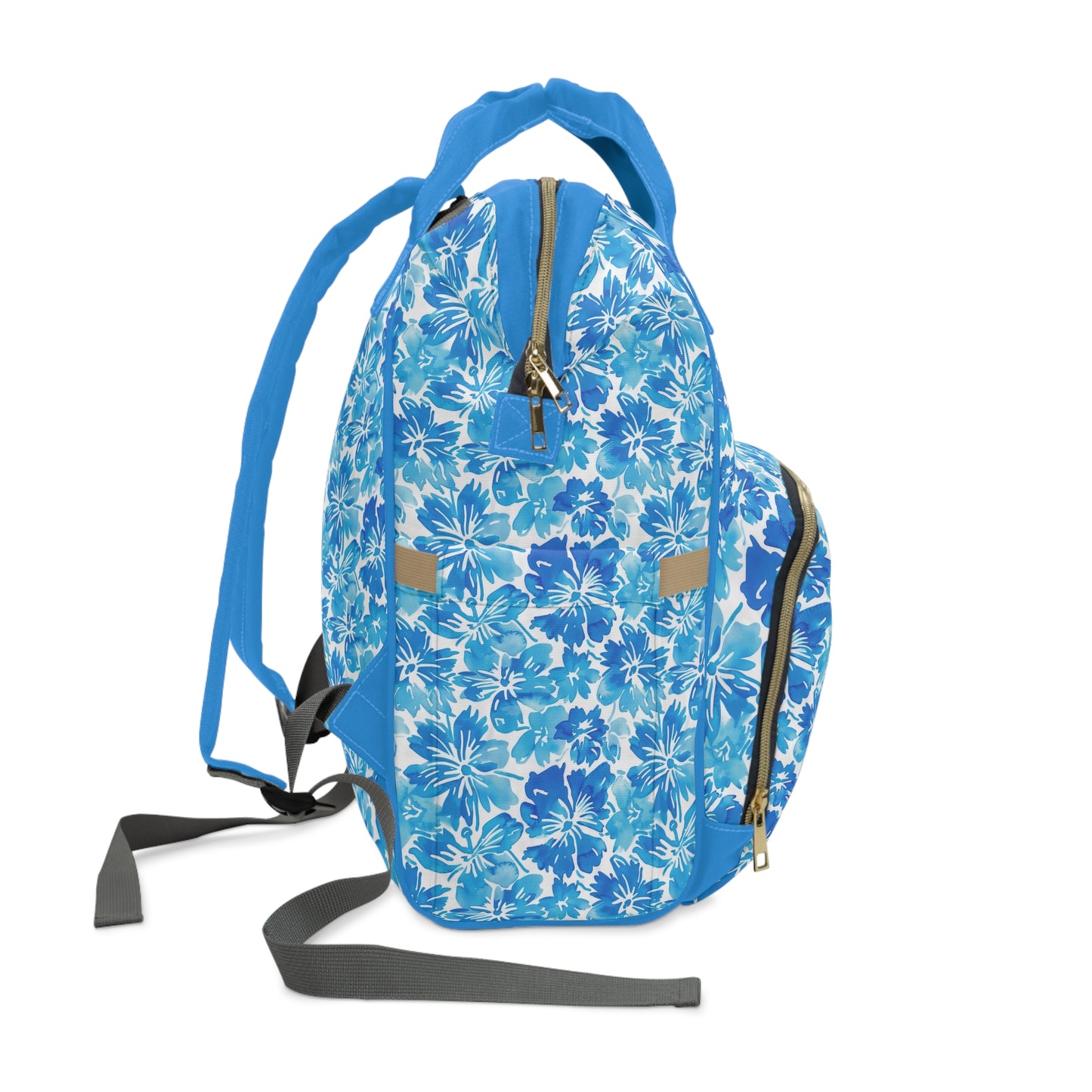 Tranquil Tropics: Soft Blue Tropical Flowers Multifunctional Diaper Backpack