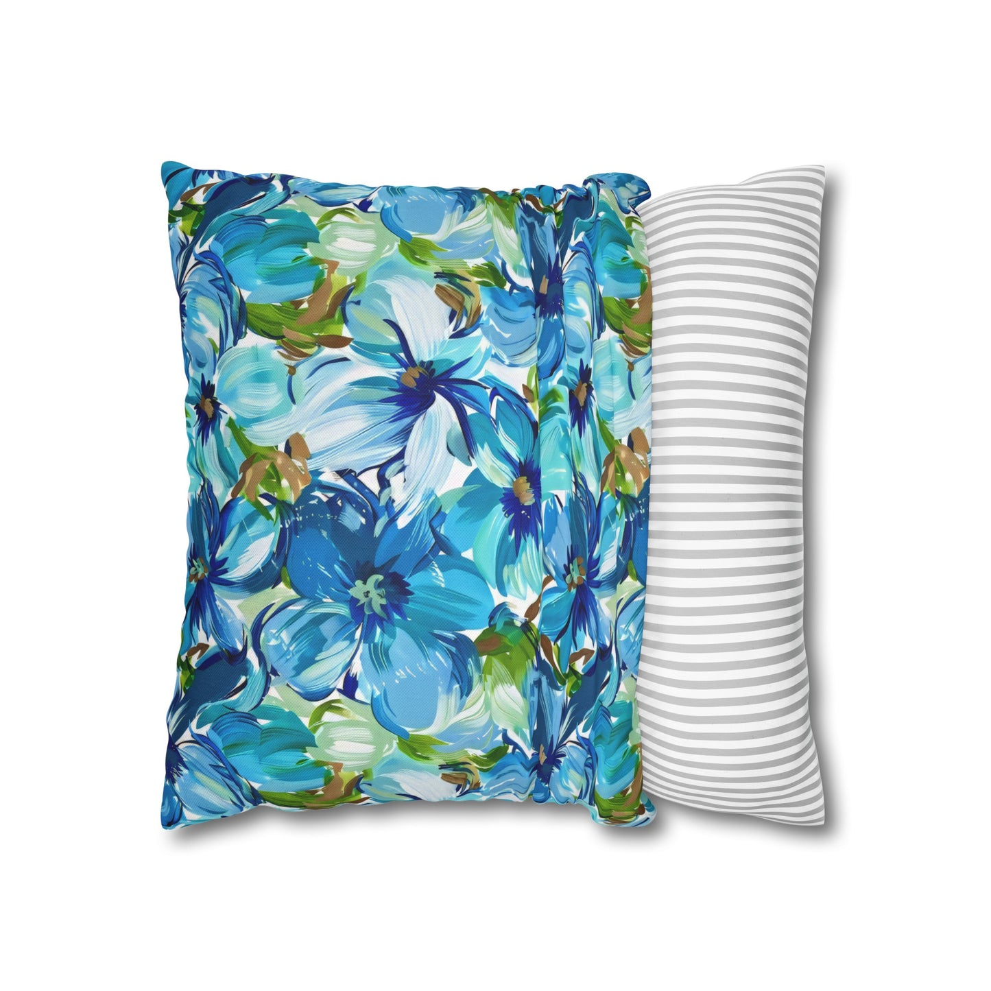 Large Blue Watercolor Flowers with Gentle Accents of Brown and Green Spun Polyester Square Pillowcase 4 Sizes