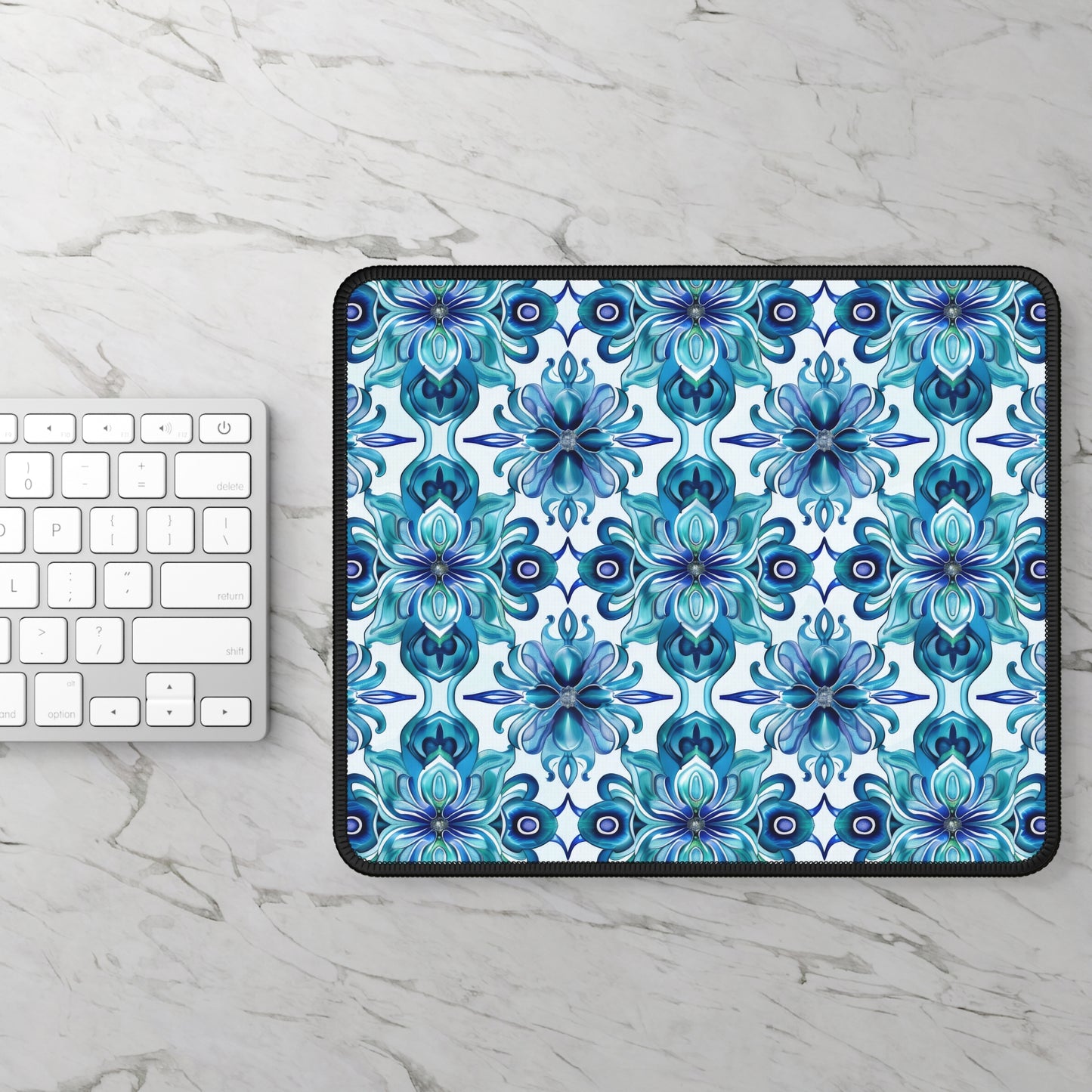 Blossom Symphony of Blue Teal Intricate Floral Pattern Gaming Mouse Pad with Finished Edges