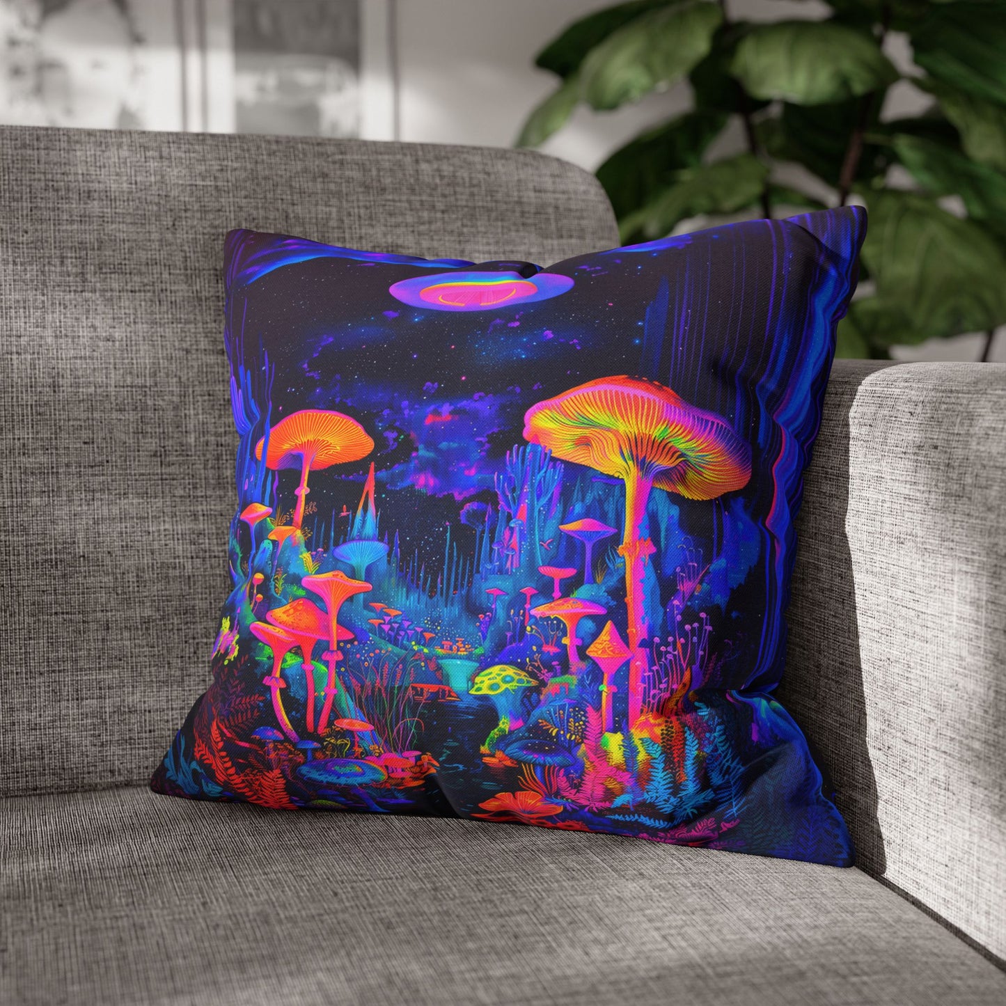 Vibrant Psychedelic Fantasy Neon Mushroom Forest Landscape Spun Polyester Square Pillowcase 4 Sizes