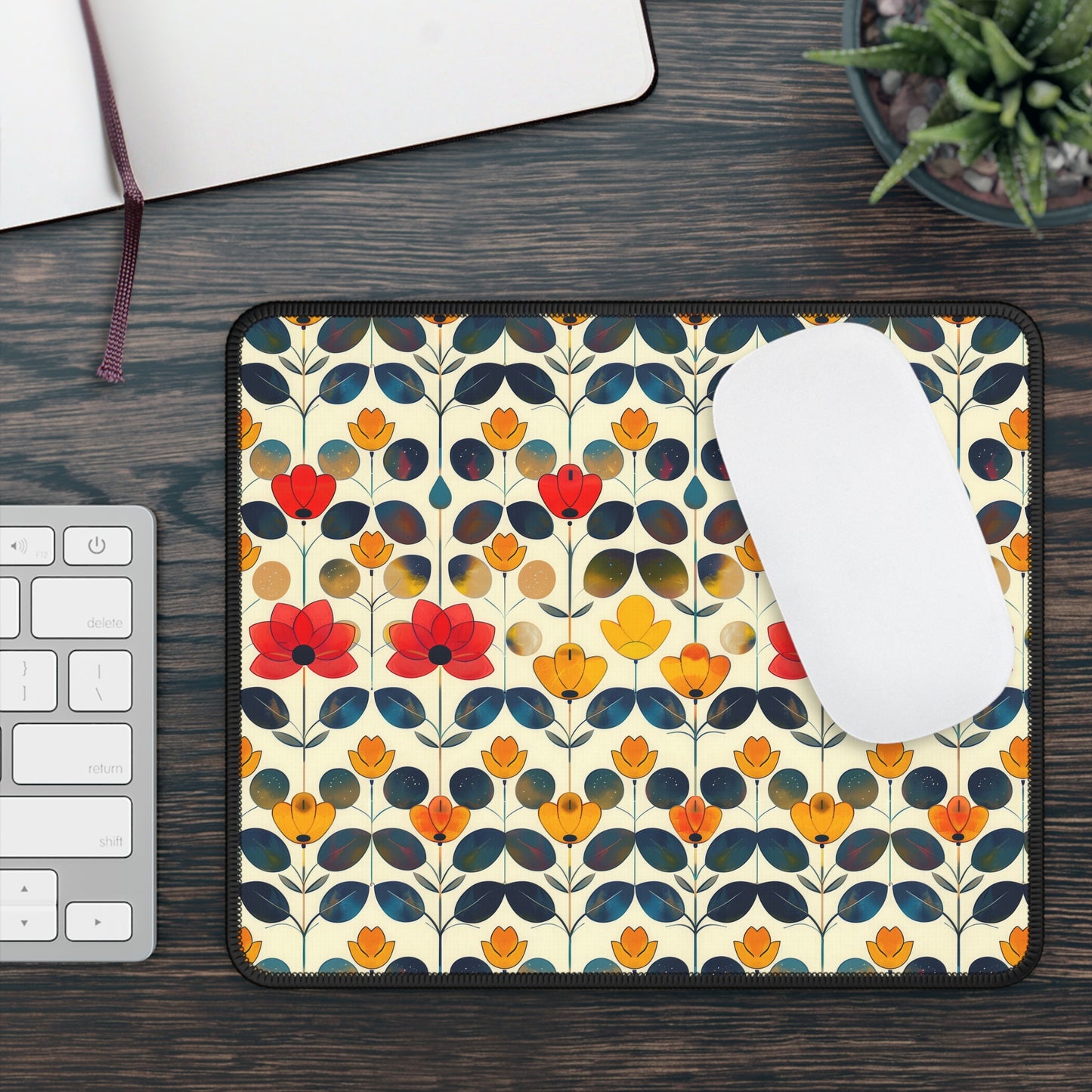 Whimsical Yellow, Red, and Blue Flower Design Gaming Mouse Pad with Finished Edges