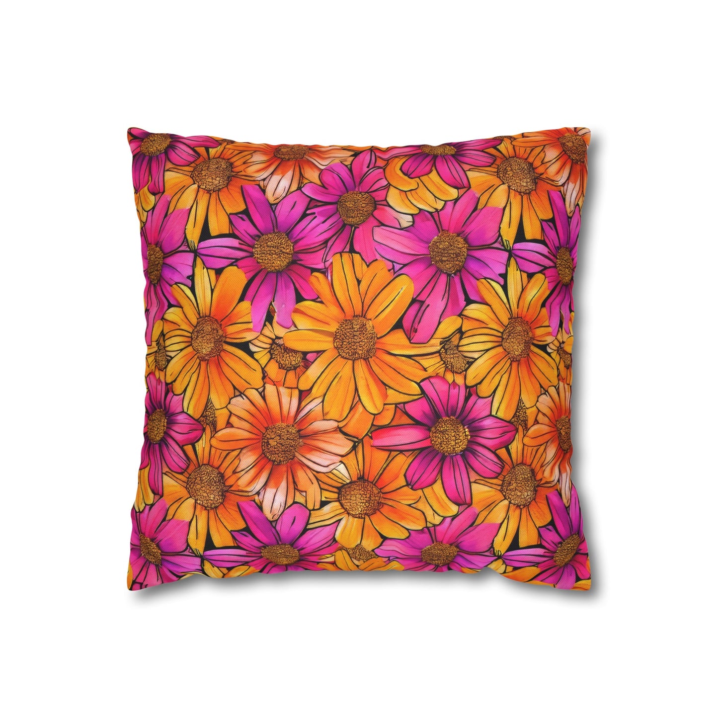 Vibrant Daisy Delight with Bold Orange and Pink Spun Polyester Square Pillowcase 4 Sizes