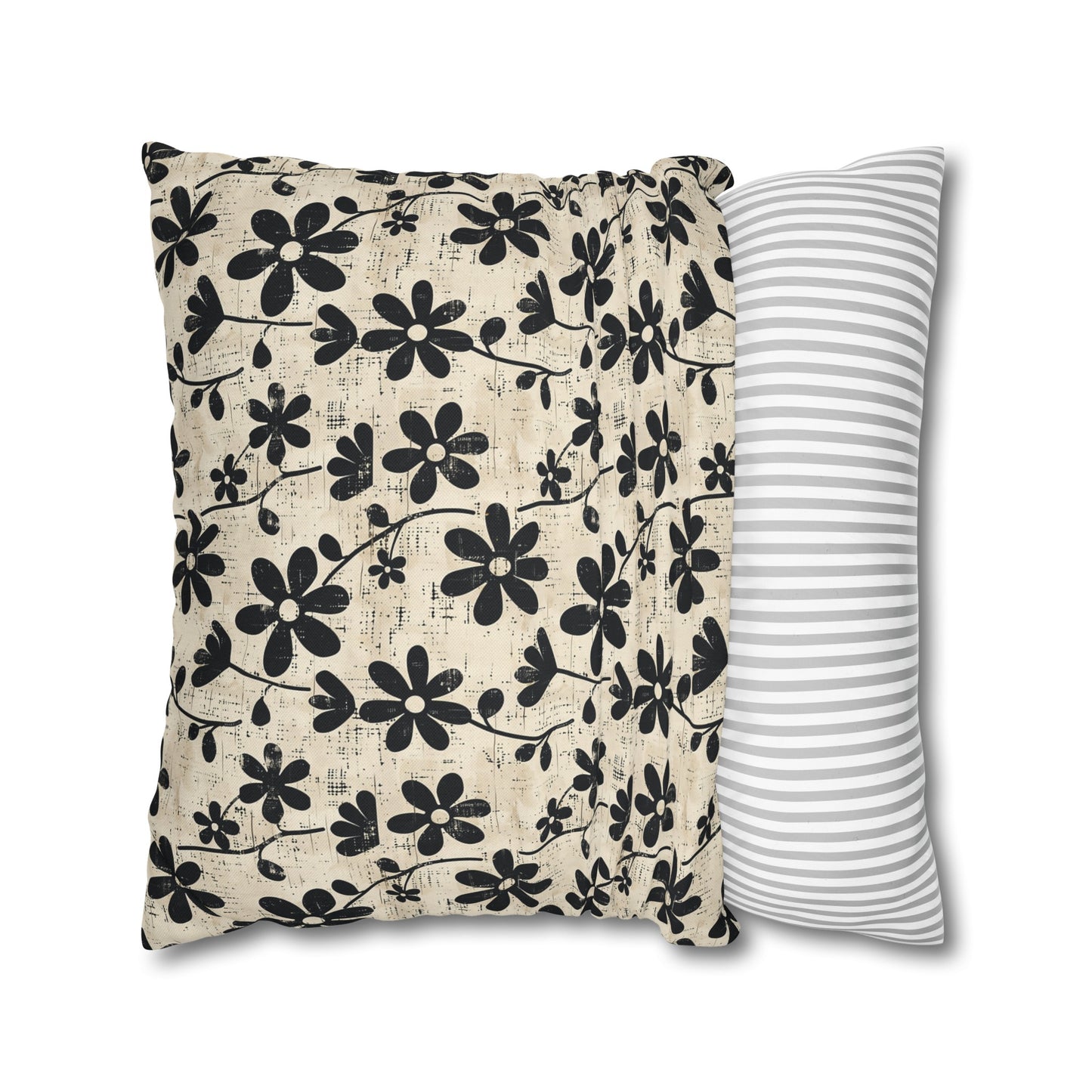 Distressed Black Floral on Beige Background Spun Polyester Square Pillowcase 4 Sizes