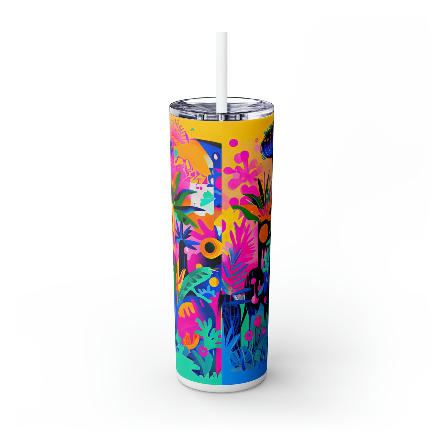 Tropical Neon Jungle Abstract Art Skinny Tumbler with Straw, 20oz