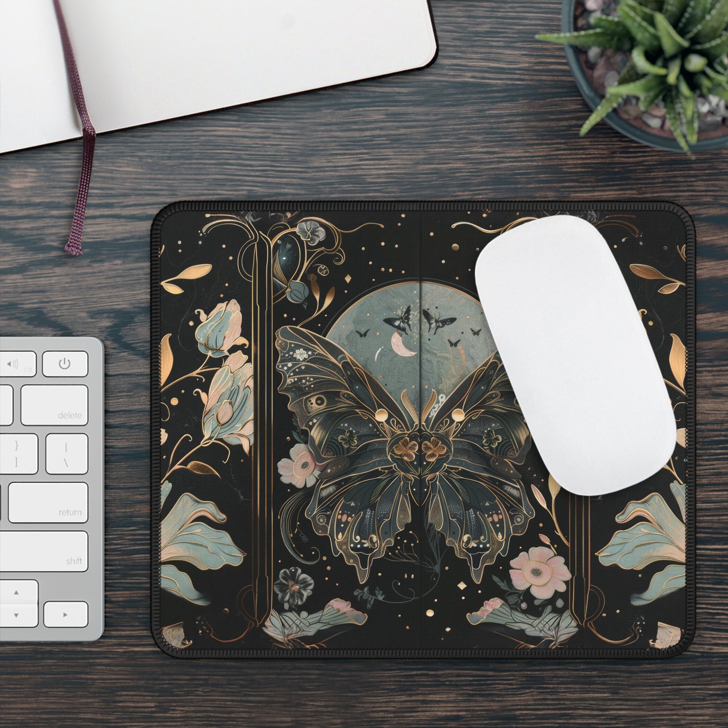 Golden Nocturne Art Nouveau Butterfly and Moonlit Floral Gaming Mouse Pad with Finished Edges