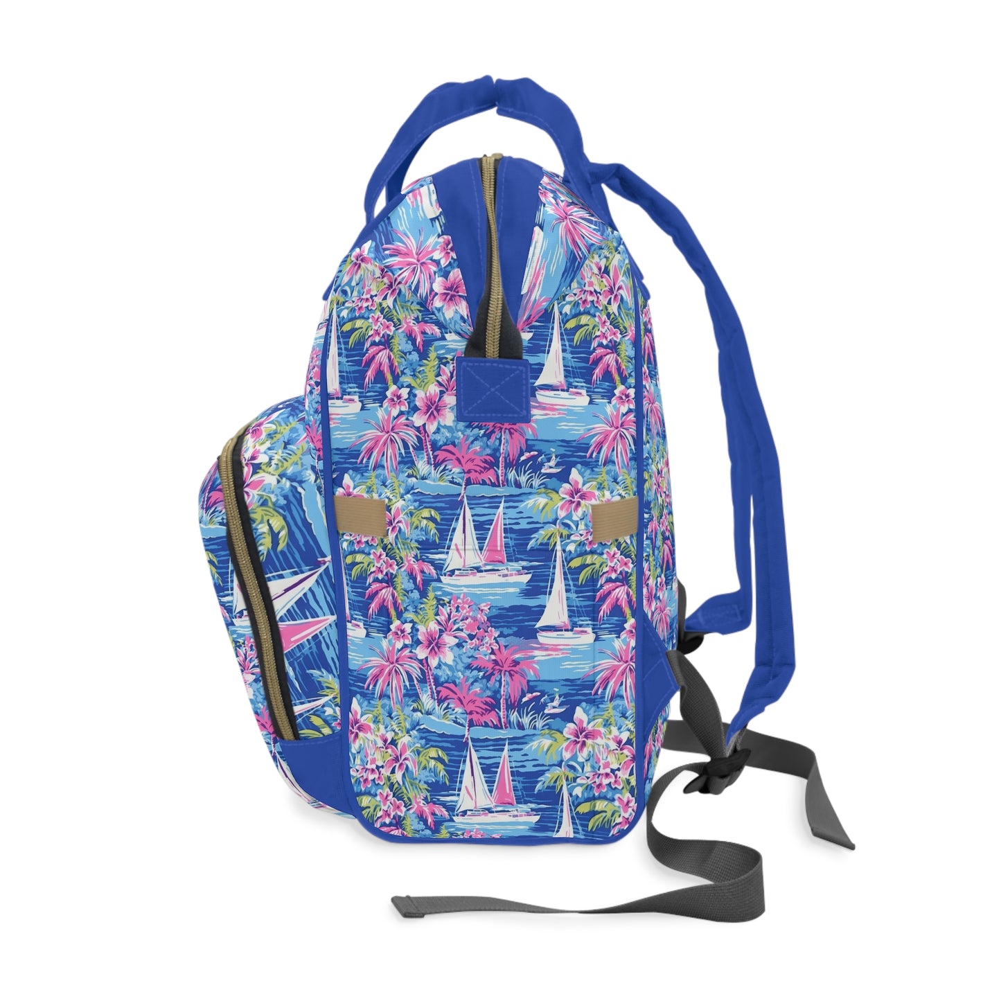 Sailing Tropics: Watercolor Sailboats Amidst Ocean Waves, Tropical Flowers, and Palm Trees Multifunctional Diaper Backpack