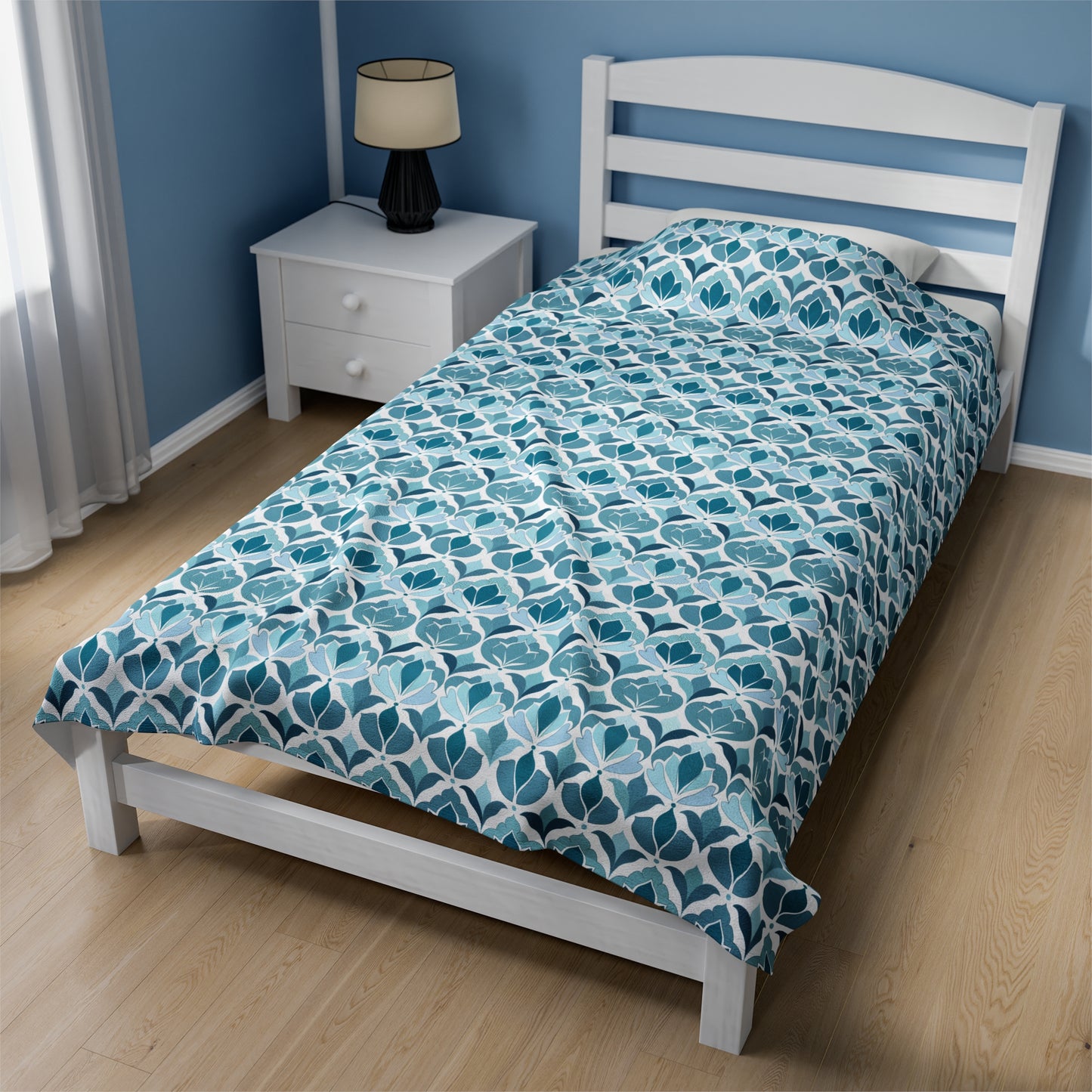 Serene Floral Pattern in Shades of Aqua and Teal, Forming Graceful Botanical Motifs Velveteen Plush Blanket 3 Sizes