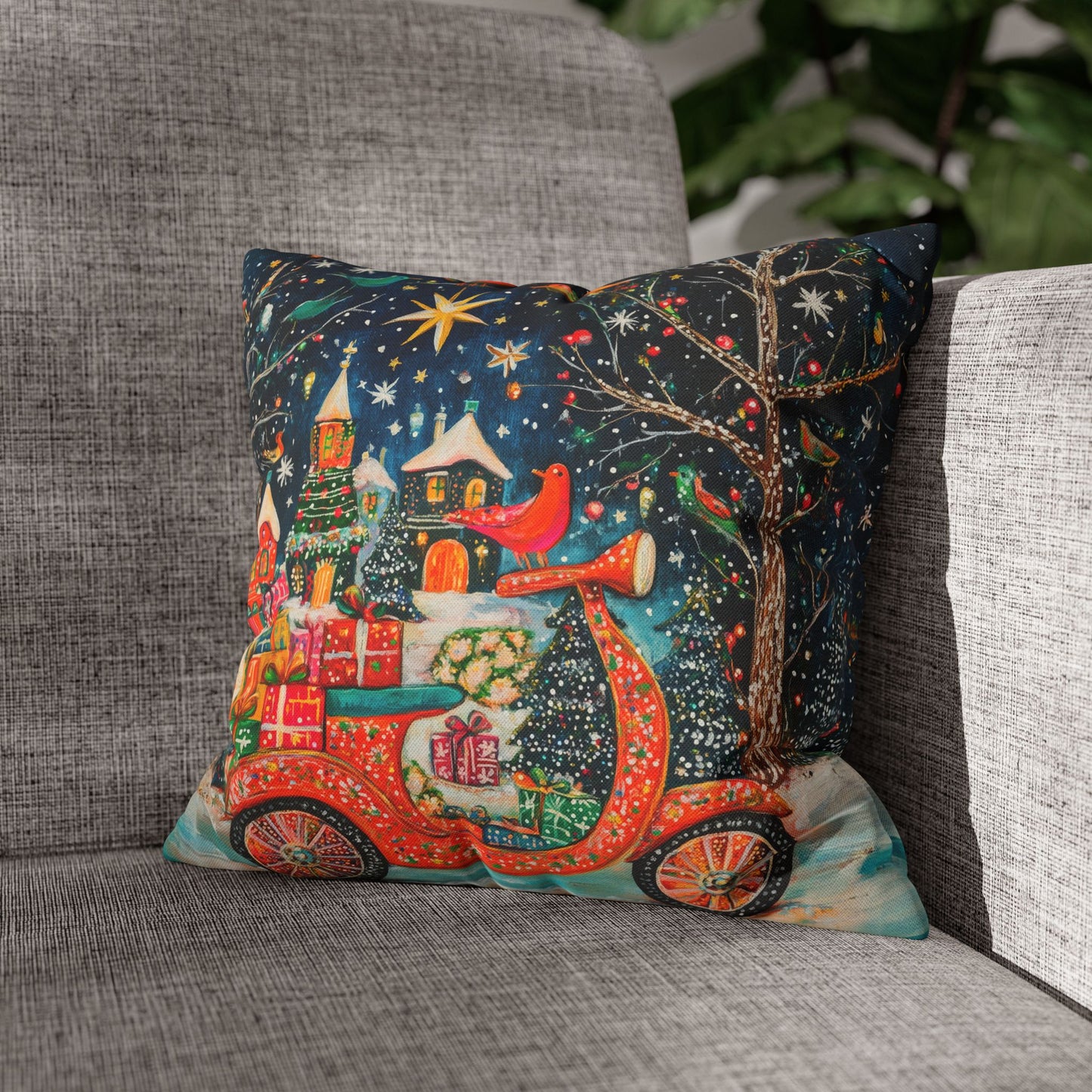 Yuletide Express Festive Scooter Filled with Gifts Spun Polyester Square Pillowcase 4 Sizes