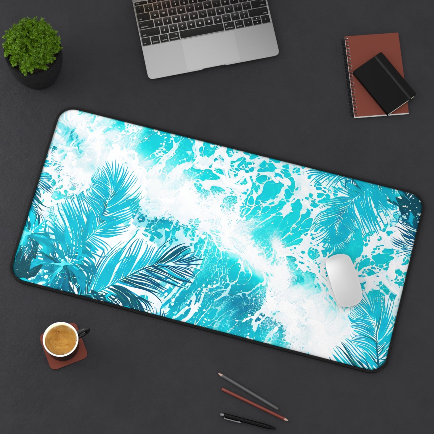 Tropical Serenity Lush Palm Leaves Interwoven with Foaming Sea Waves Rich Teal Tones Extended Gaming Mouse Pad  Desk Mat  - 3 Sizes