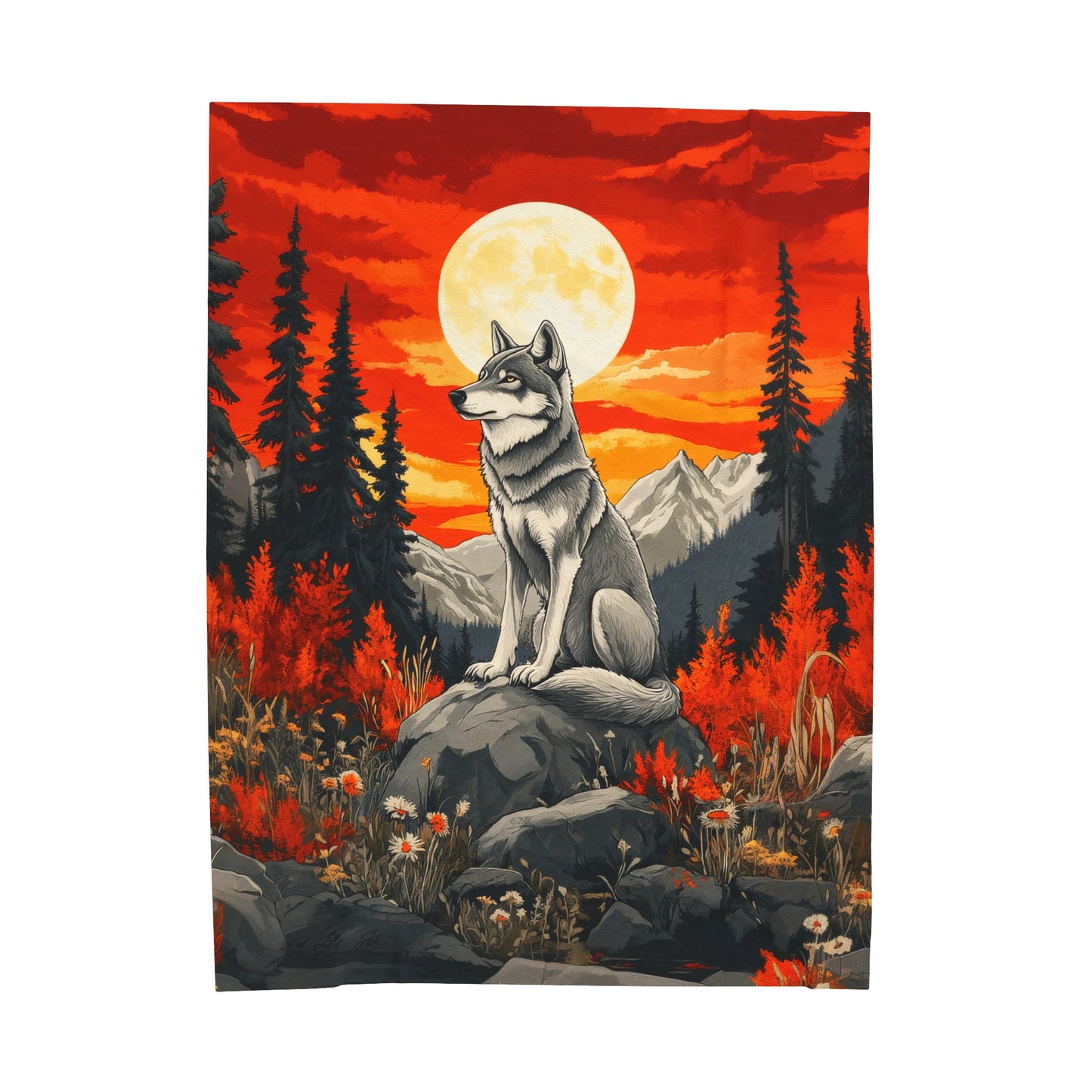 Majestic Lone Wolf at Twilight Under a Full Moon in Autumn Forest Velveteen Plush Blanket 3 Sizes