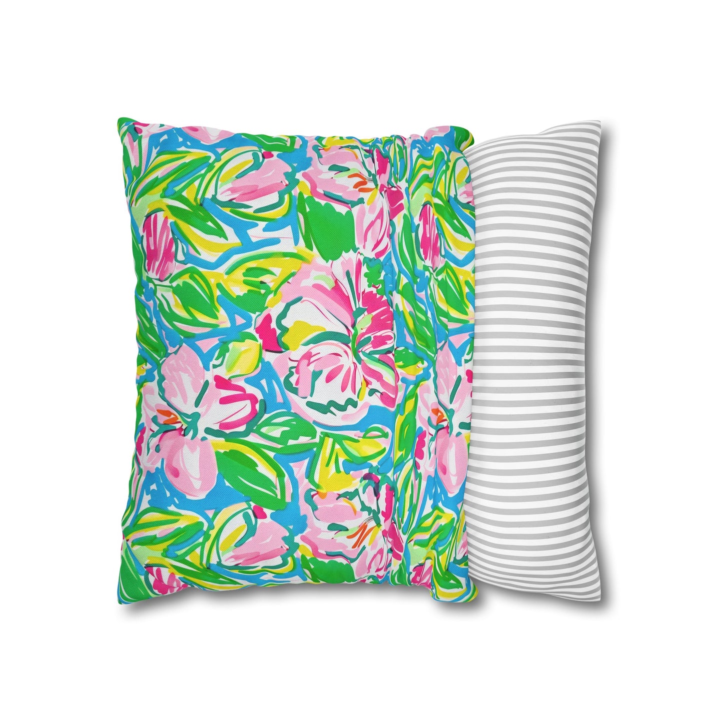 Whispering Meadows: Pink Blossoms, Lush Green Leaves, and Accents of Yellow and Blue Spun Polyester Square Pillowcase 4 Sizes