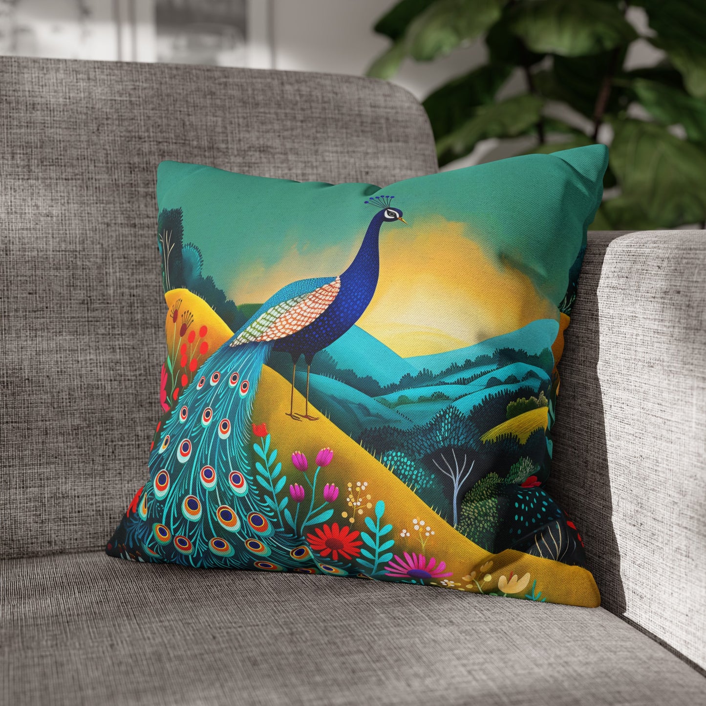 Radiant Peacock with Colorful Enchanted Garden and Sunrise Spun Polyester Square Pillowcase 4 Sizes