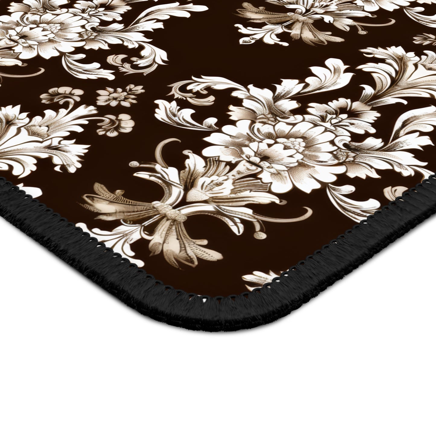 Elegant Rococo Pattern of Intricate Brown and White Floral Scroll Design Gaming Mouse Pad with Finished Edges