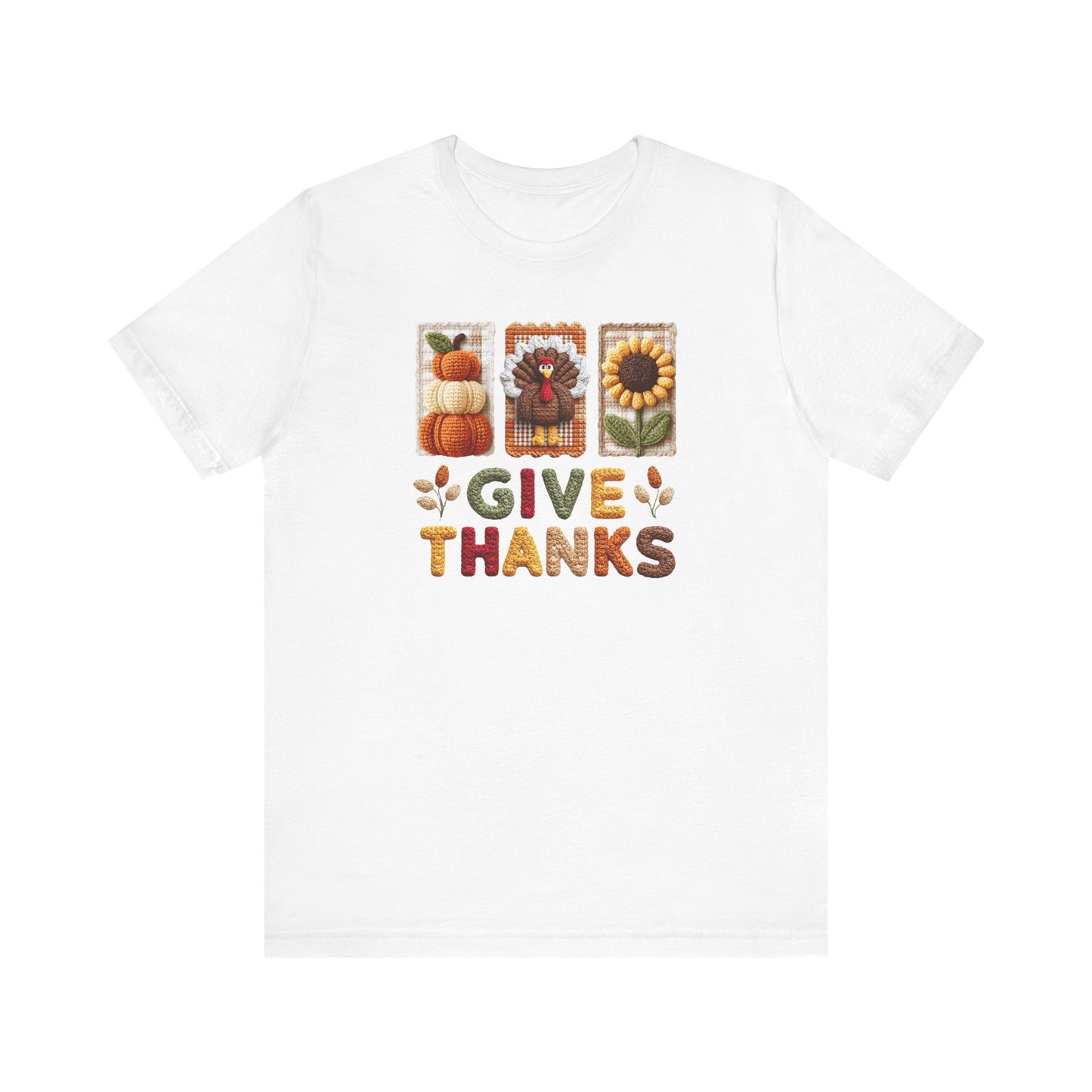 Thanksgiving Give Thanks Faux Yarn Crochet Print Jersey Short Sleeve T-shirt