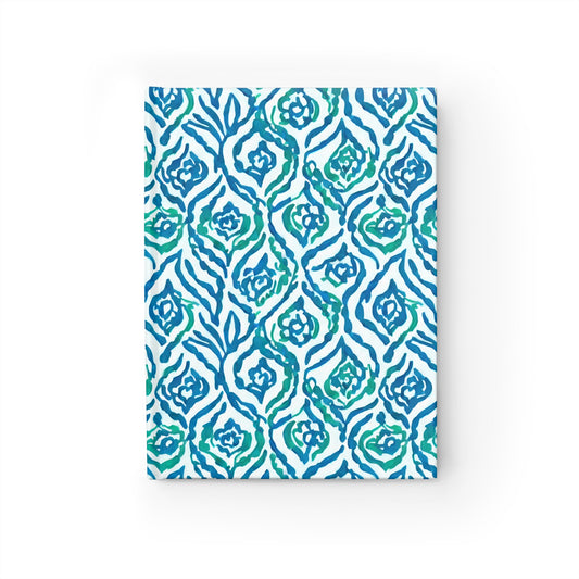 Cool Breeze Elegance: Abstract Damask Pattern in Green and Blue Hardcover Ruled Line Journal