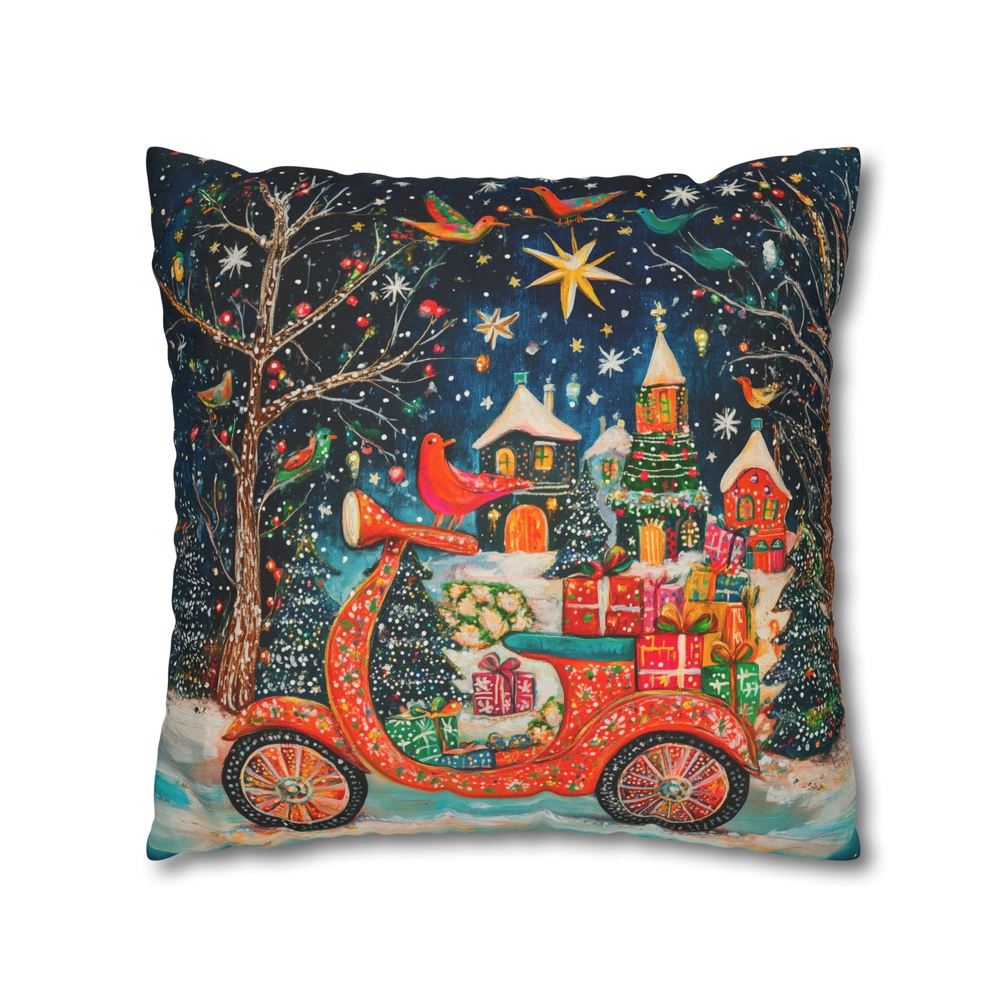 Yuletide Express Festive Scooter Filled with Gifts Spun Polyester Square Pillowcase 4 Sizes