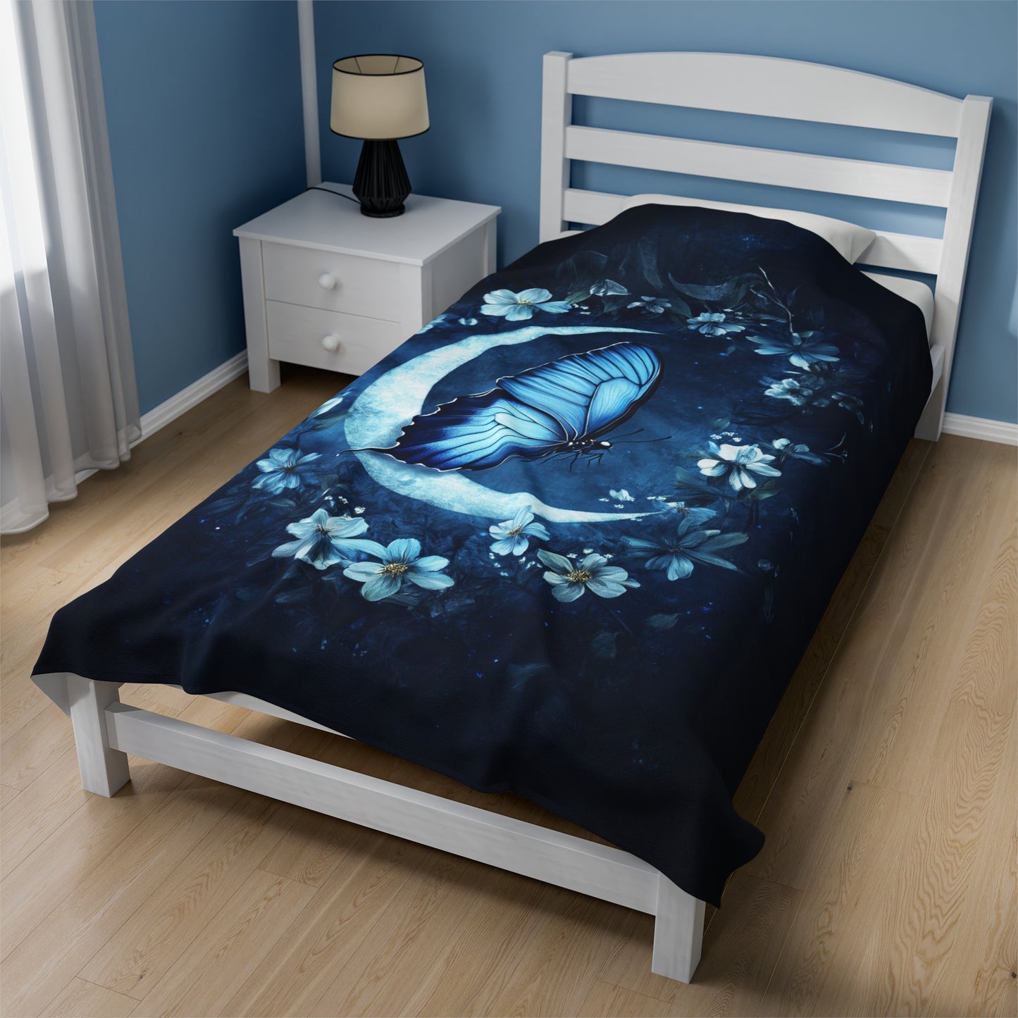 Celestial Blue Butterfly on a Crescent Moon Amidst Starlit Flowers Velveteen Plush Blanket 3 Sizes