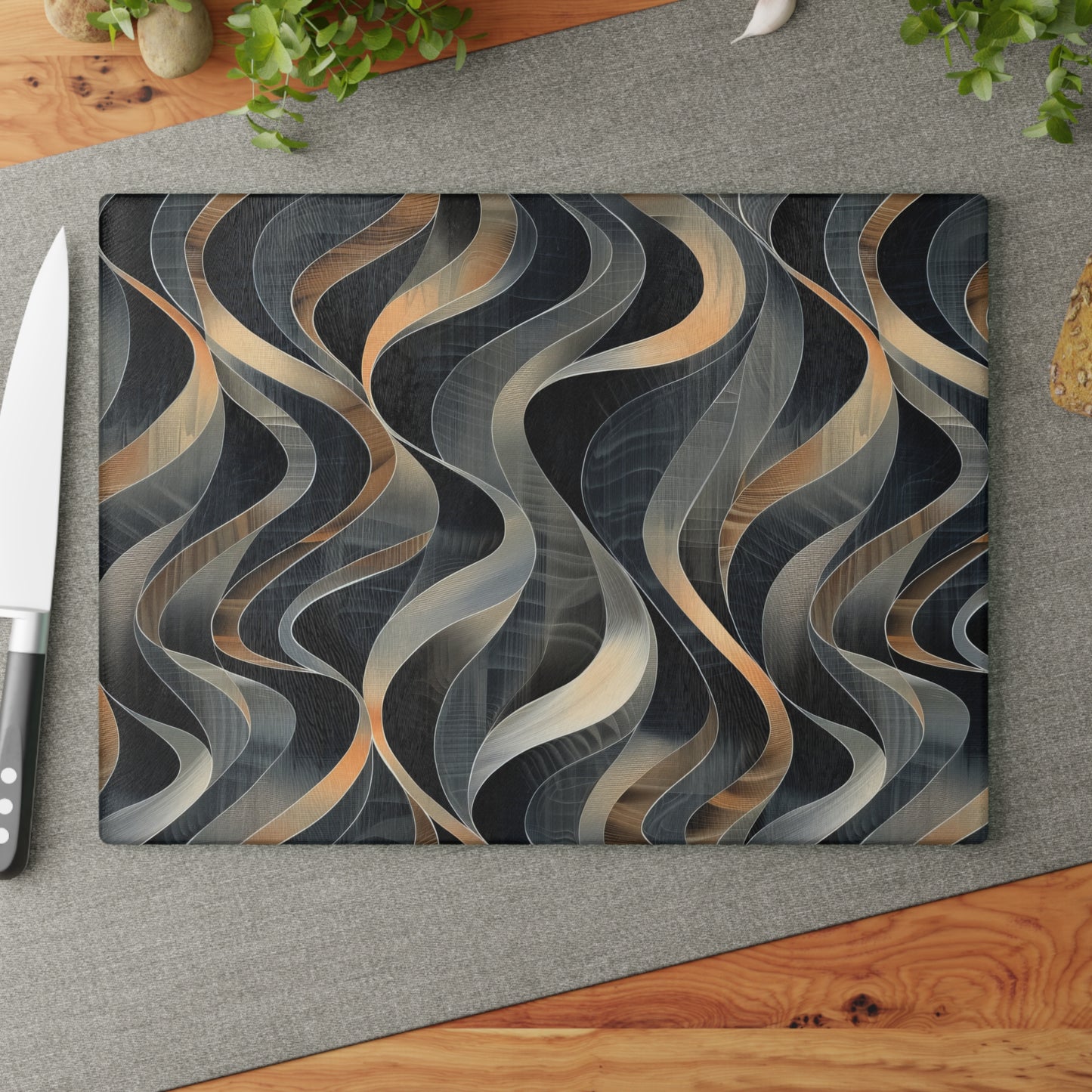 Artistic Fusion of Wavy Lines in a Palette of Silver, Gold, and Dark Hues Cutting Board 2 Sizes