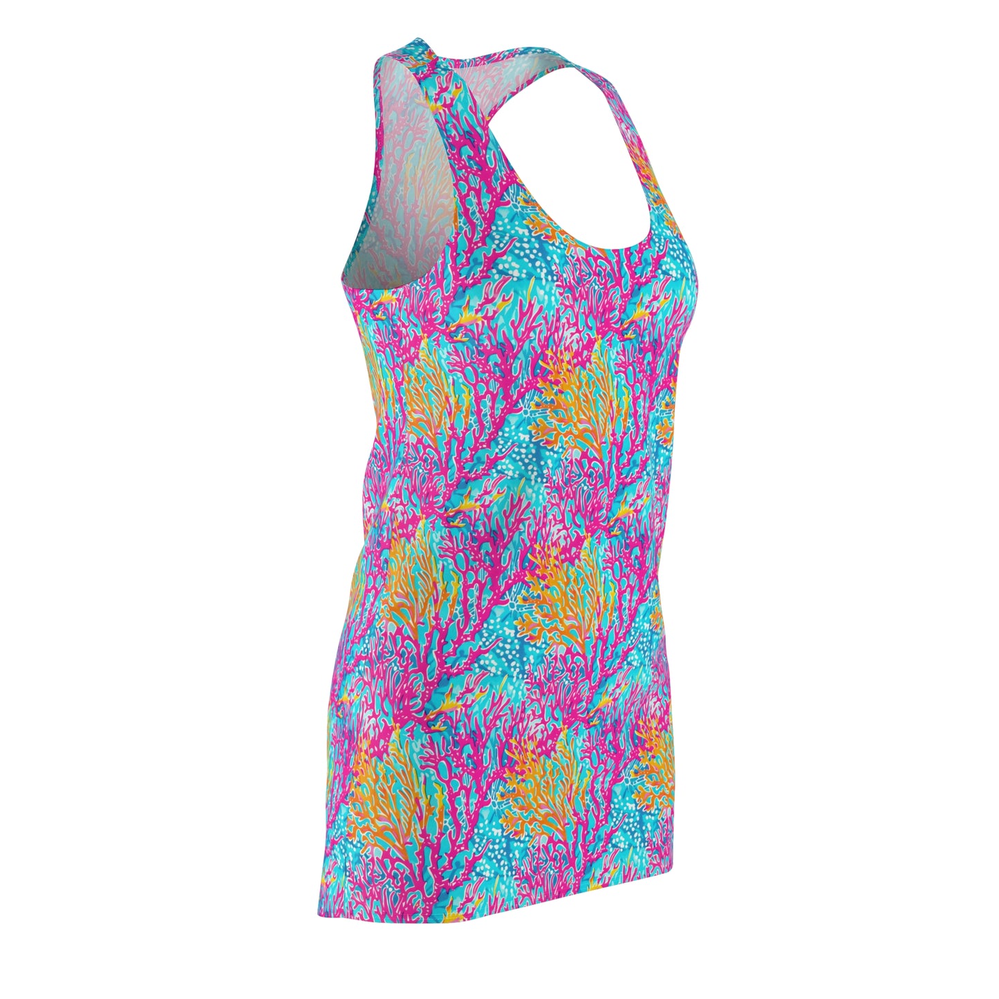 Coral Symphony: Bright Pink, Yellow, and Coral Dancing in the Blue Ocean Women's Racerback Dress XS - 2XL