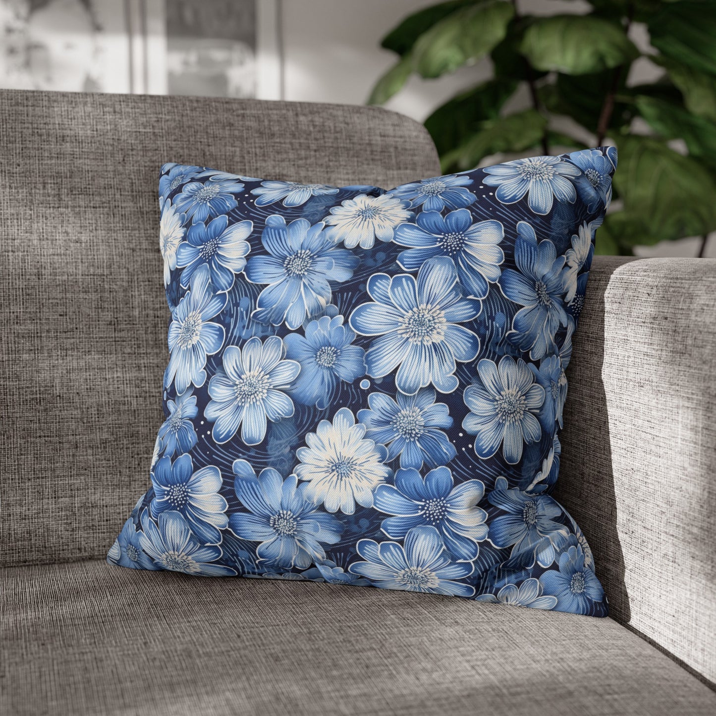 Watercolor Blossom in Blue and White Spun Polyester Square Pillowcase 4 Sizes