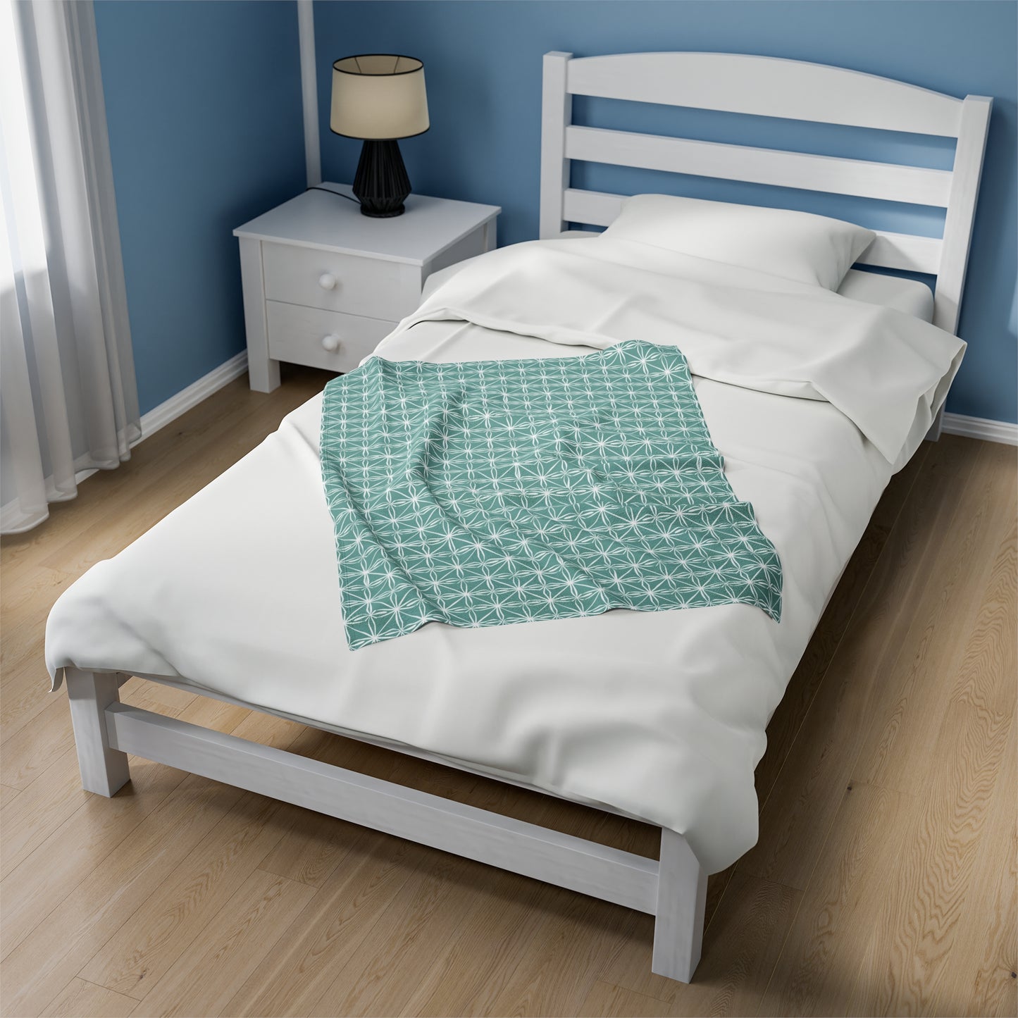 Elegant Minimalist Geometric Line Art in White and Teal Pattern Velveteen Plush Blanket 3 Sizes