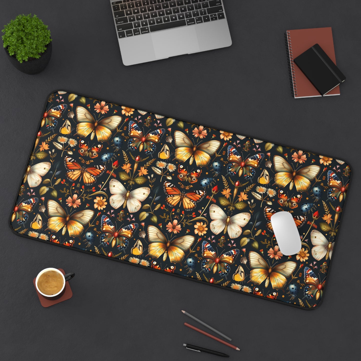 Enchanted Garden of Butterflies and Botanicals in Rich Autumn Hues on a Deep Night Background Extended Gaming Mouse Pad Desk Mat - 3 Sizes