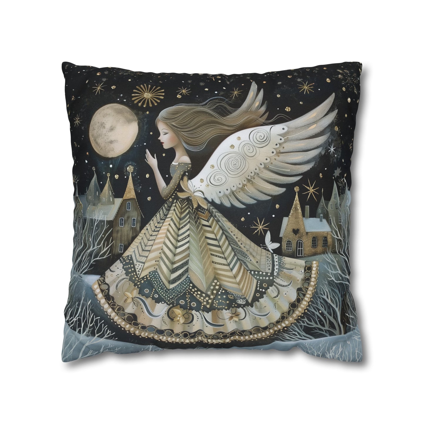 Frosty Angelic Glow: Angel Illuminated by Moonlight on a Snowy Night Spun Polyester Square Pillowcase 4 Sizes