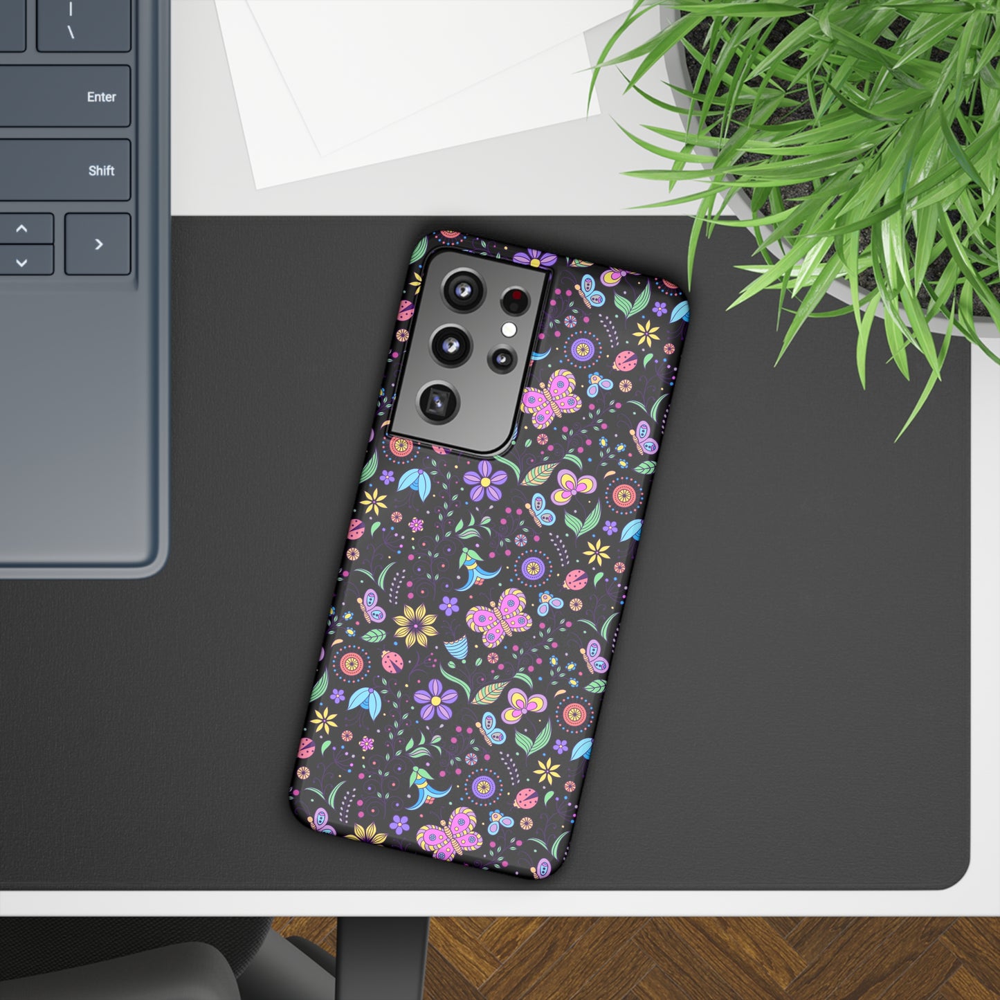 Butterflies and Flowers on Black Background Samsung Slim Cases