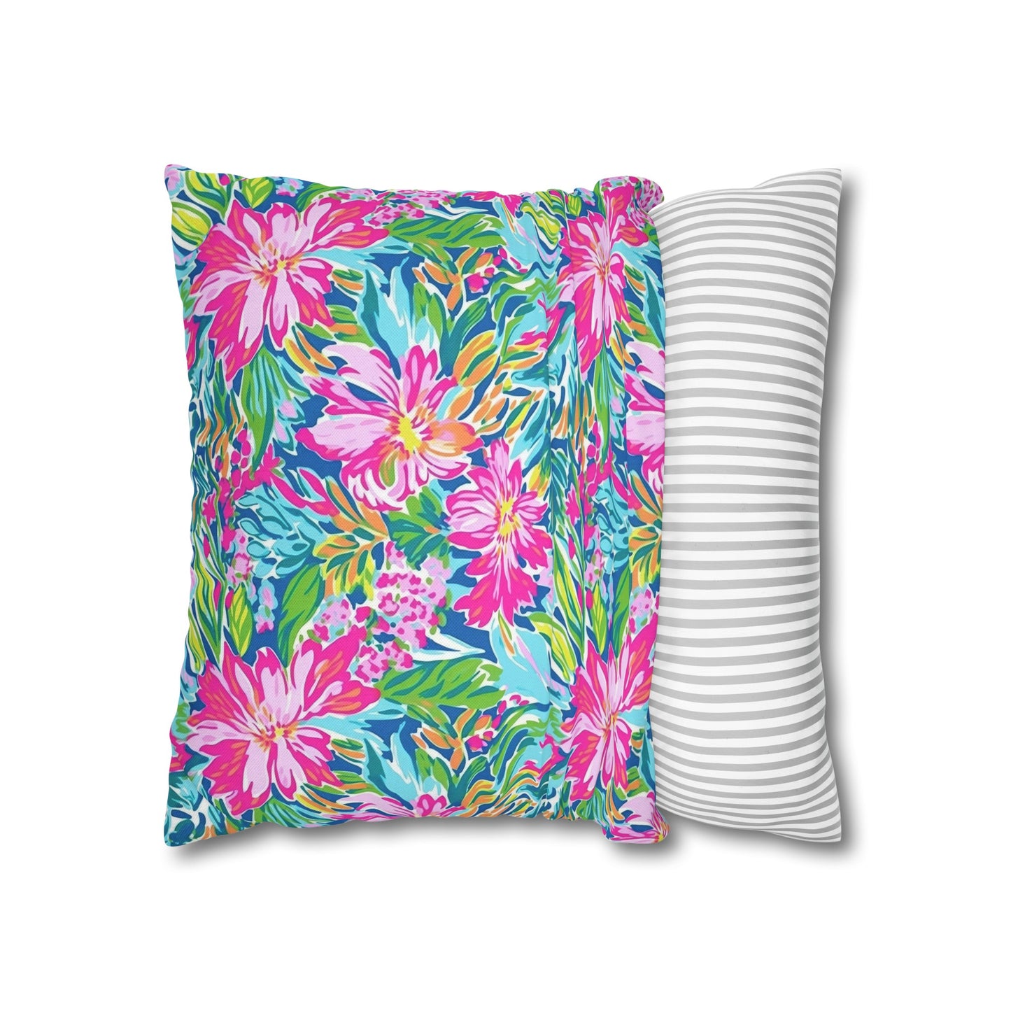 Sunlit Symphony: Large Blooms of Pink, Blue, and Green in Watercolor Spun Polyester Square Pillowcase 4 Sizes