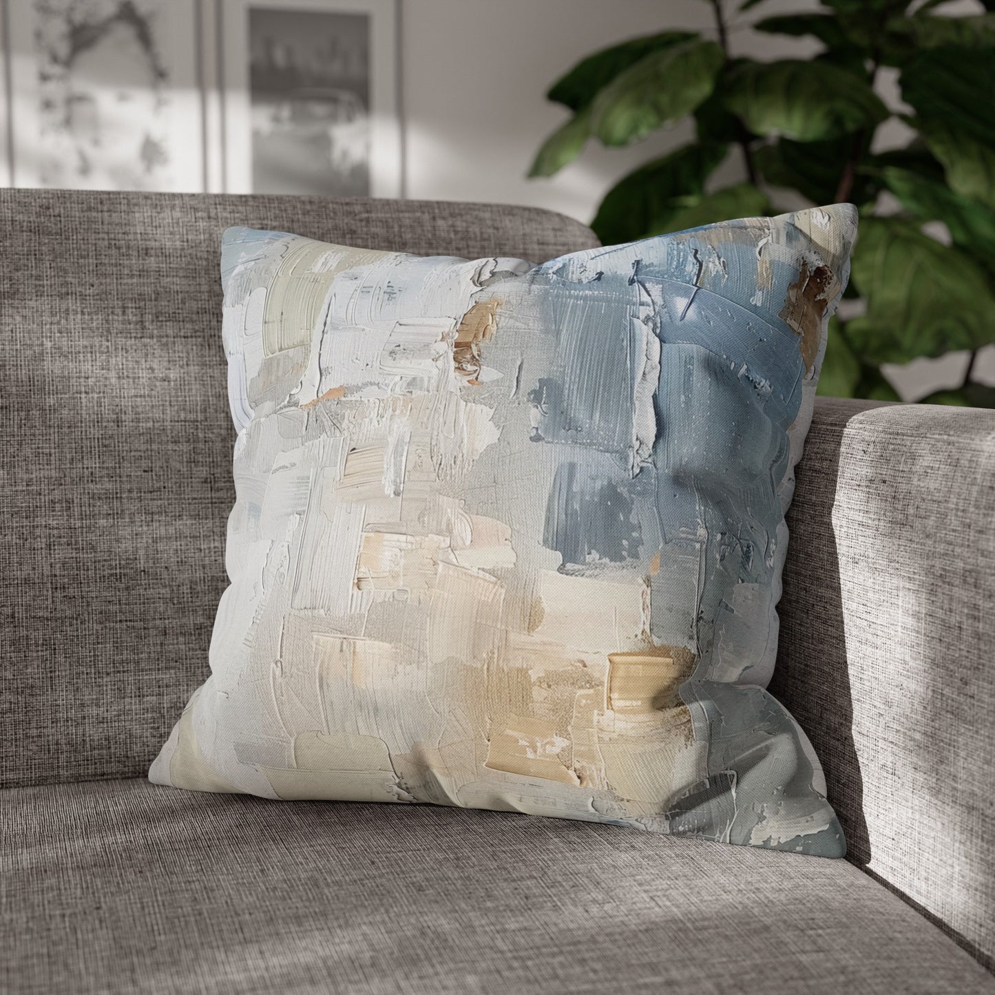 Bold Contrasts Abstract Tan and Blue Color Blocking with Heavy Strokes Spun Polyester Square Pillowcase 4 Sizes