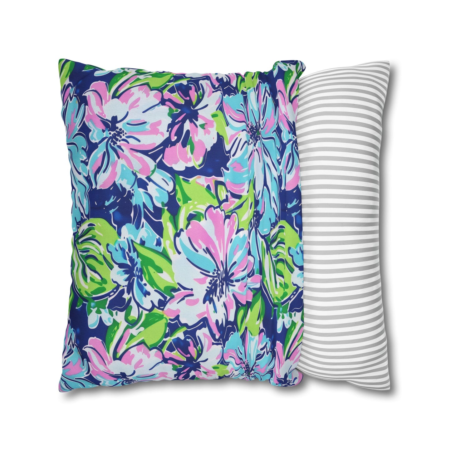 Seaside Coastal Pink, Navy, and Green Tropical Blooms Spun Polyester Square Pillowcase 4 Sizes