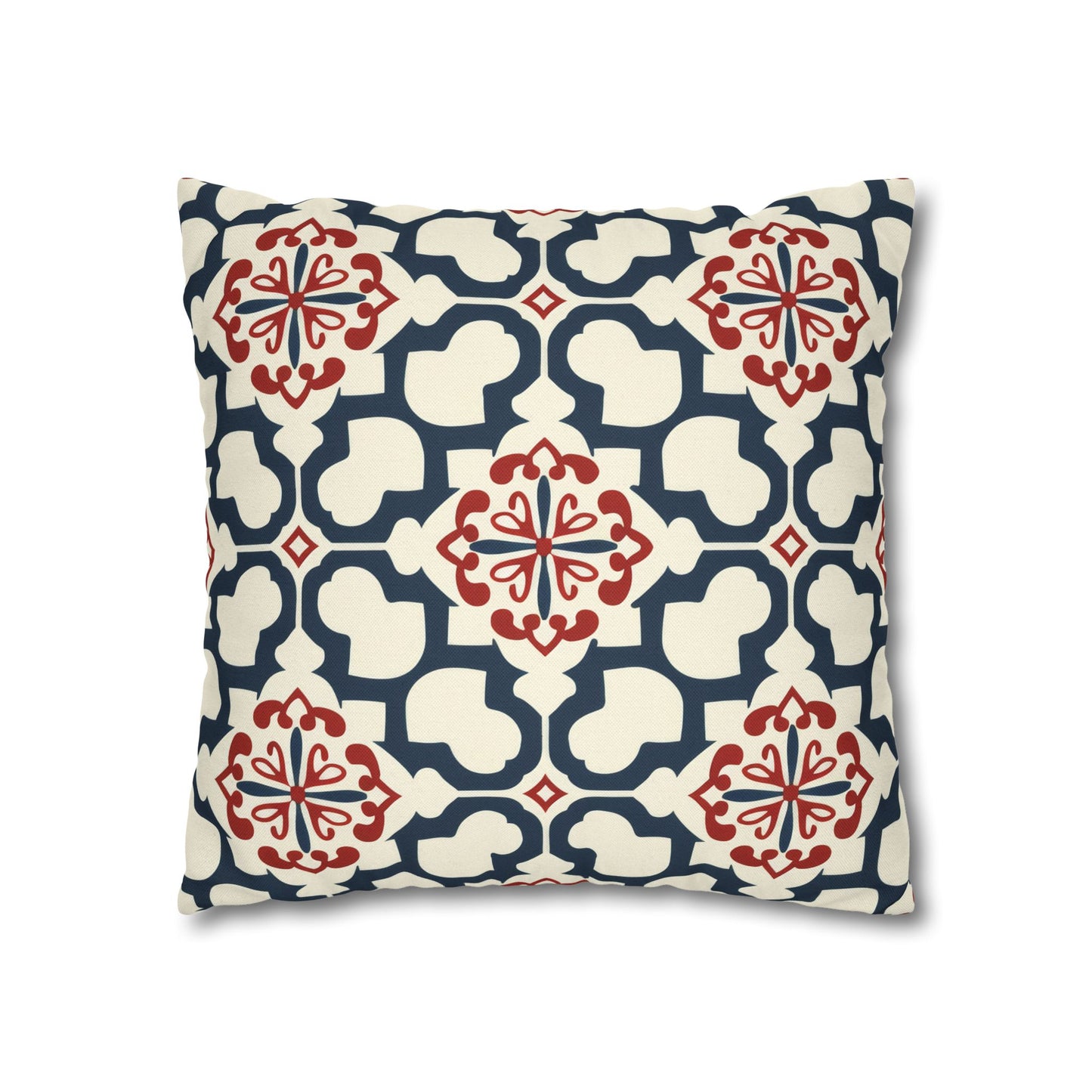 Traditional Korean Elegance in Bold Red and Navy Geometric Tile Pattern Spun Polyester Square Pillowcase 4 Sizes