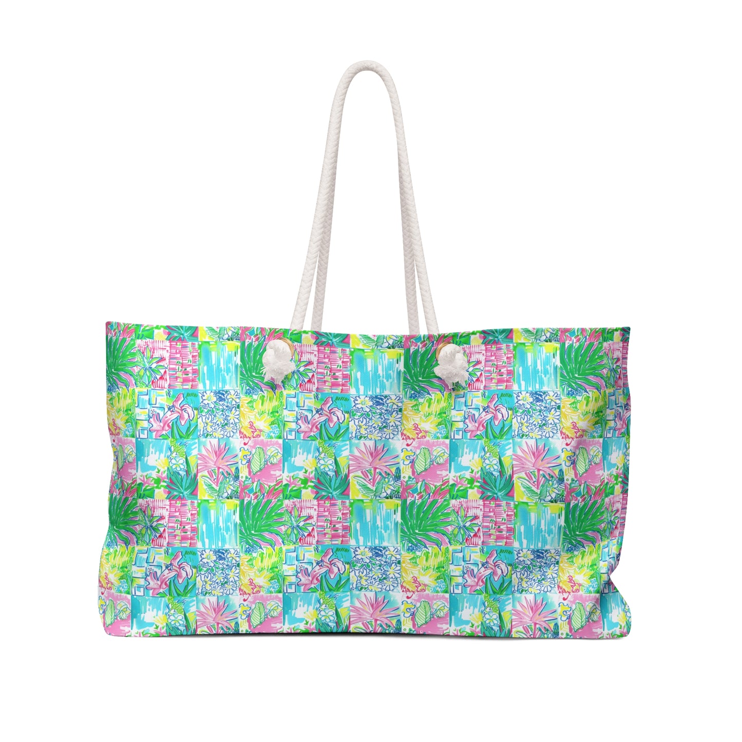 Whimsical Palm Trees and Flowers in Vibrant Pink, Teal, and Green Collage Oversized Weekender Bag