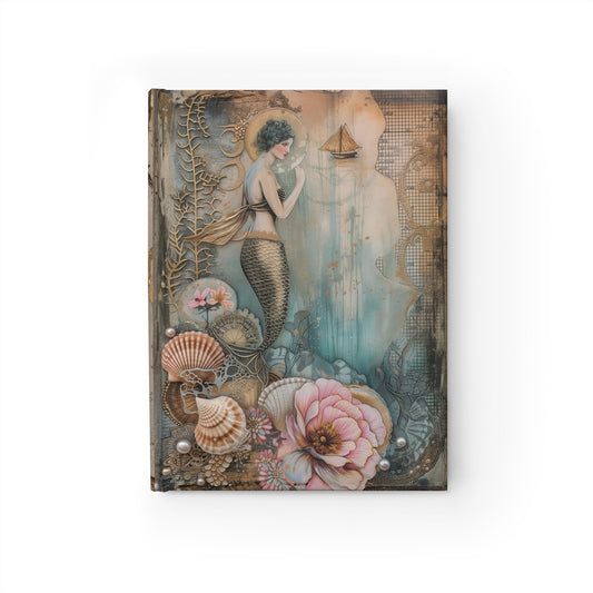 Vintage Nautical Mermaid Sea Shells with Sailboat in Ocean - Hardcover Ruled Line Journal 5" x 7"