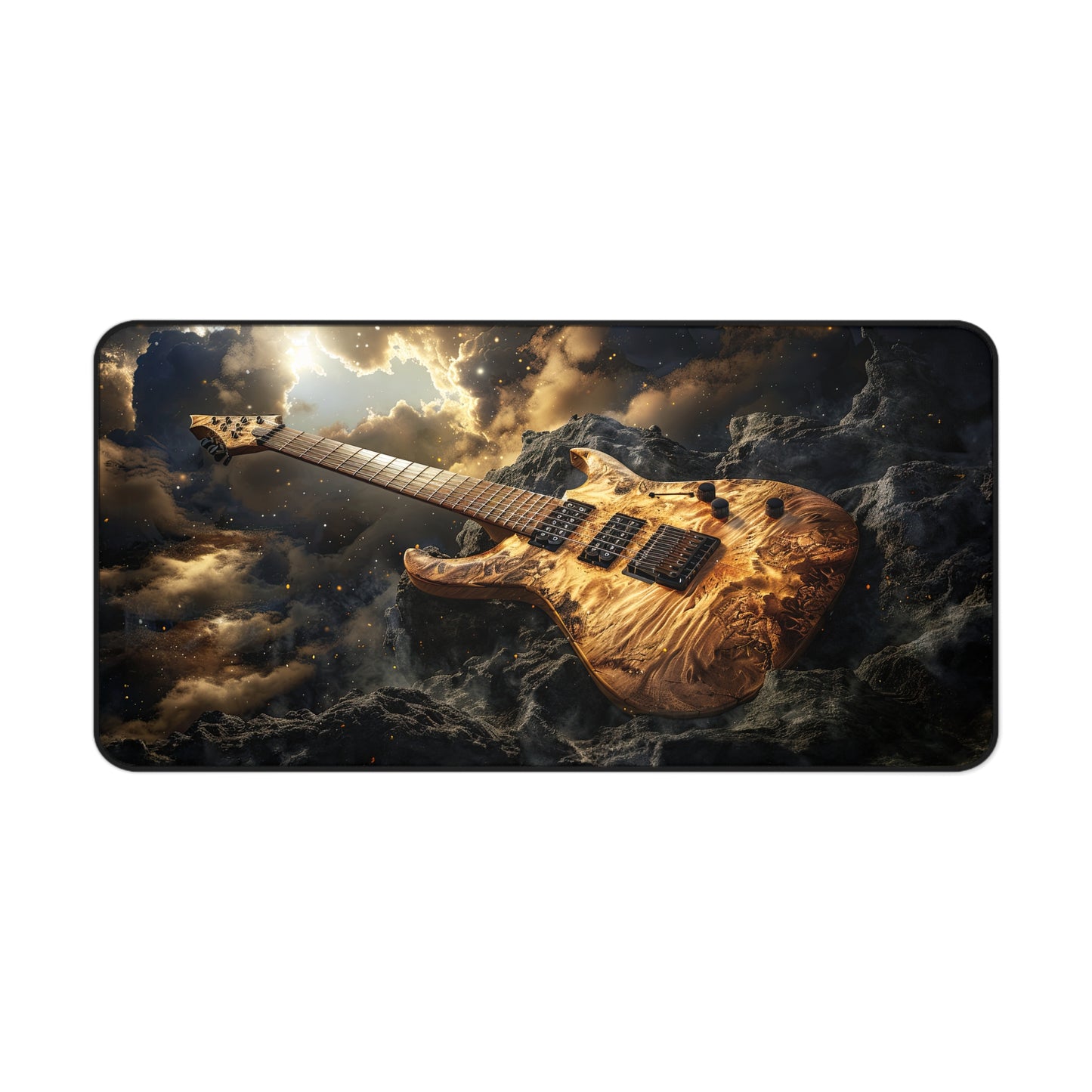 Golden Gilded Electric Guitar with Heavenly Clouds and Sun Desk Mat Extended Gaming Mouse Pad - 3 Sizes