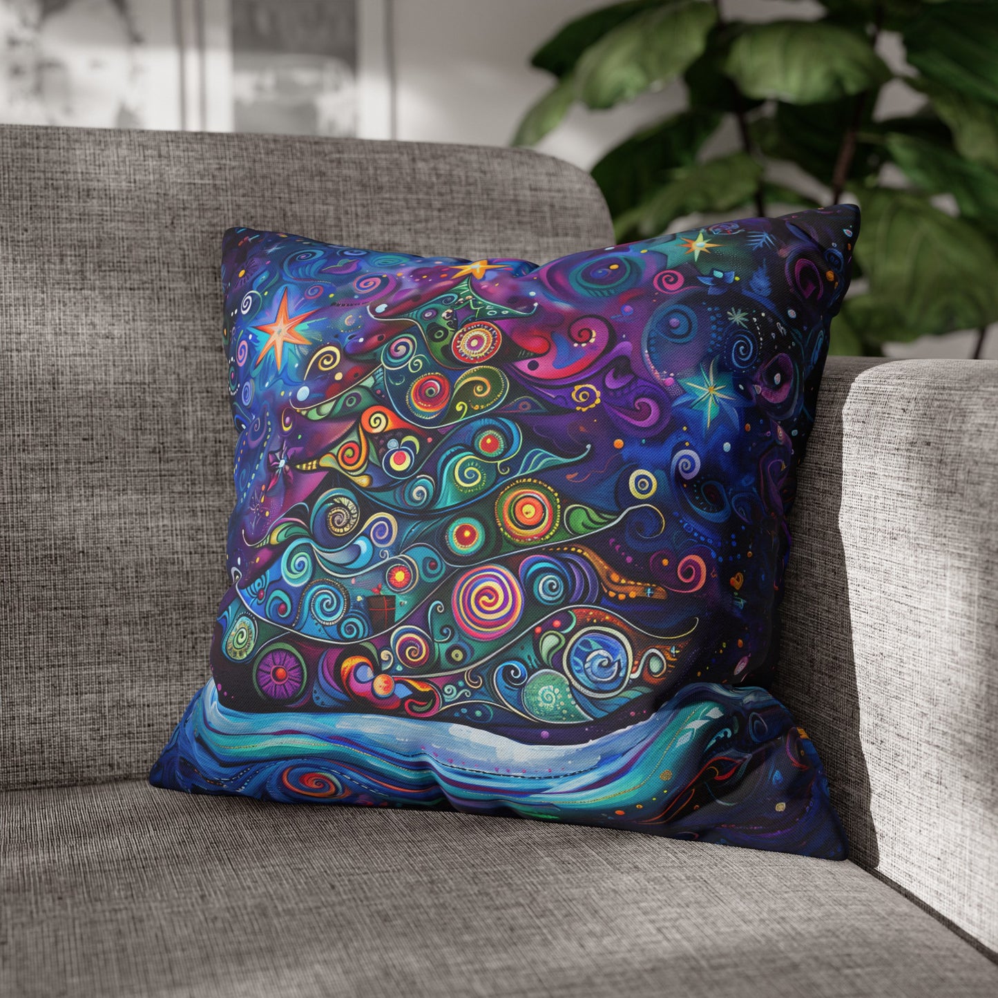 Christmas Tree in Magical Purple Hues, Sparkling Amidst Vibrant Stars Spun Polyester Square Pillowcase 4 Sizes