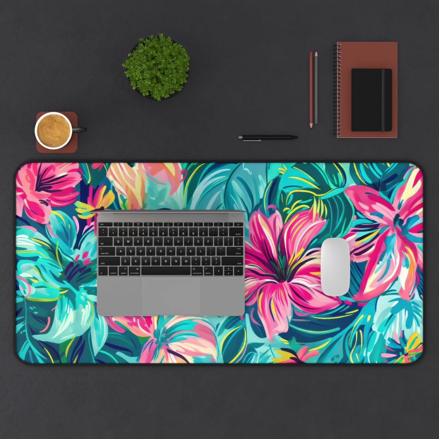 Tropical Garden Lush, Overlapping Flowers in a Dance of Vivid Pinks, Blues, and Yellows Extended Gaming Mouse Pad  Desk Mat  - 3 Sizes