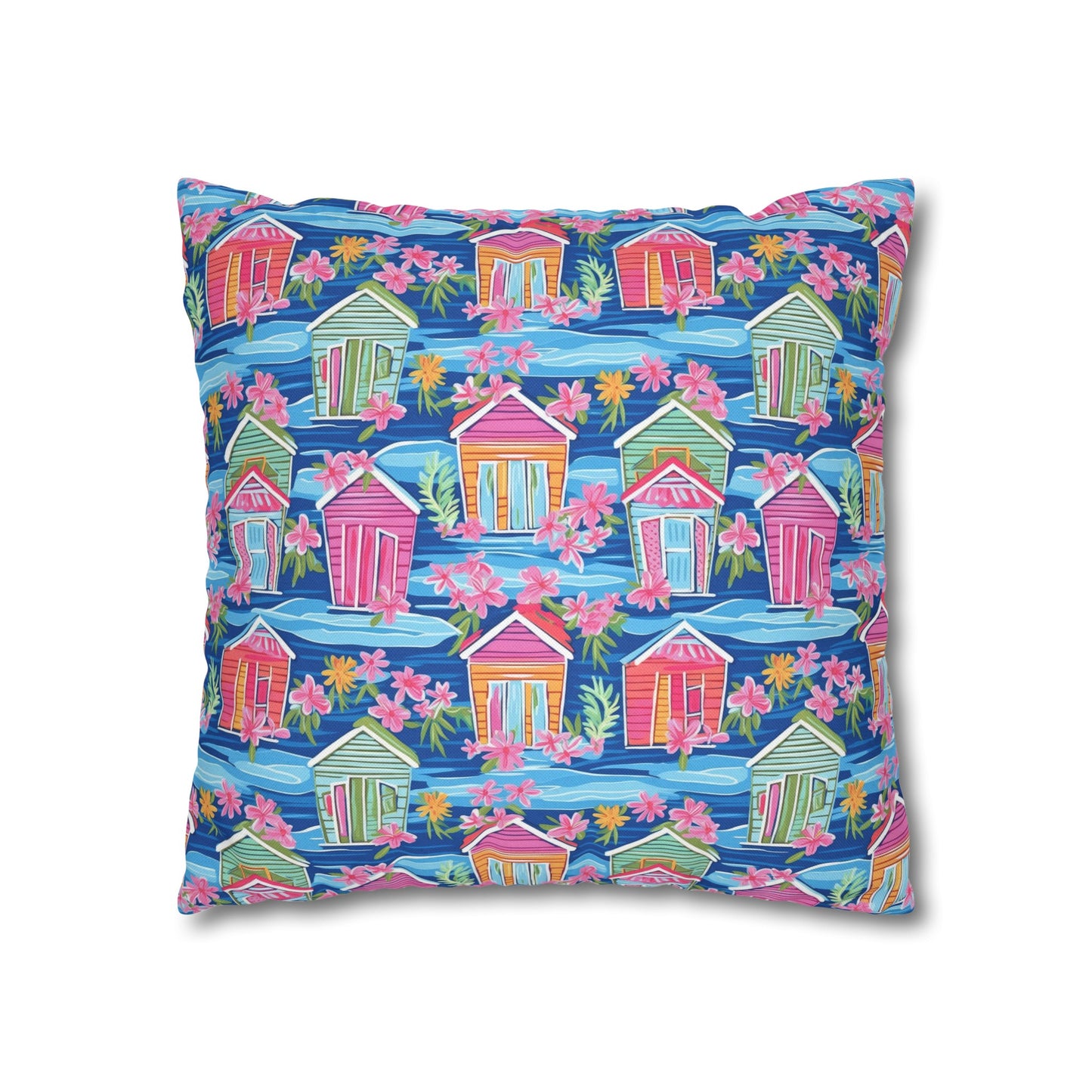 Seaside Serenade: Watercolor Beach Houses Amidst Blooming Florals Spun Polyester Square Pillowcase 4 Sizes