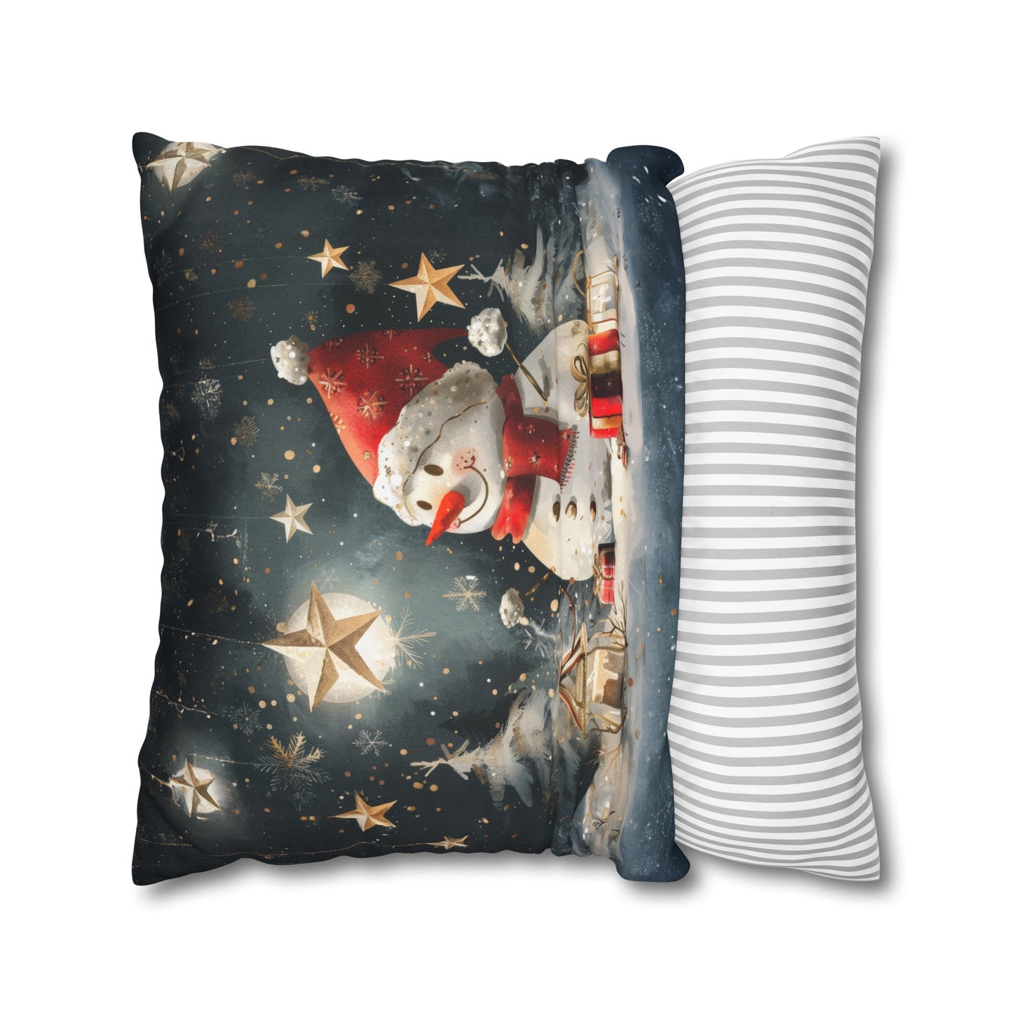 Moonlit Frost: Snowman Basking in Moonlight Surrounded by Presents Spun Polyester Square Pillowcase 4 Sizes