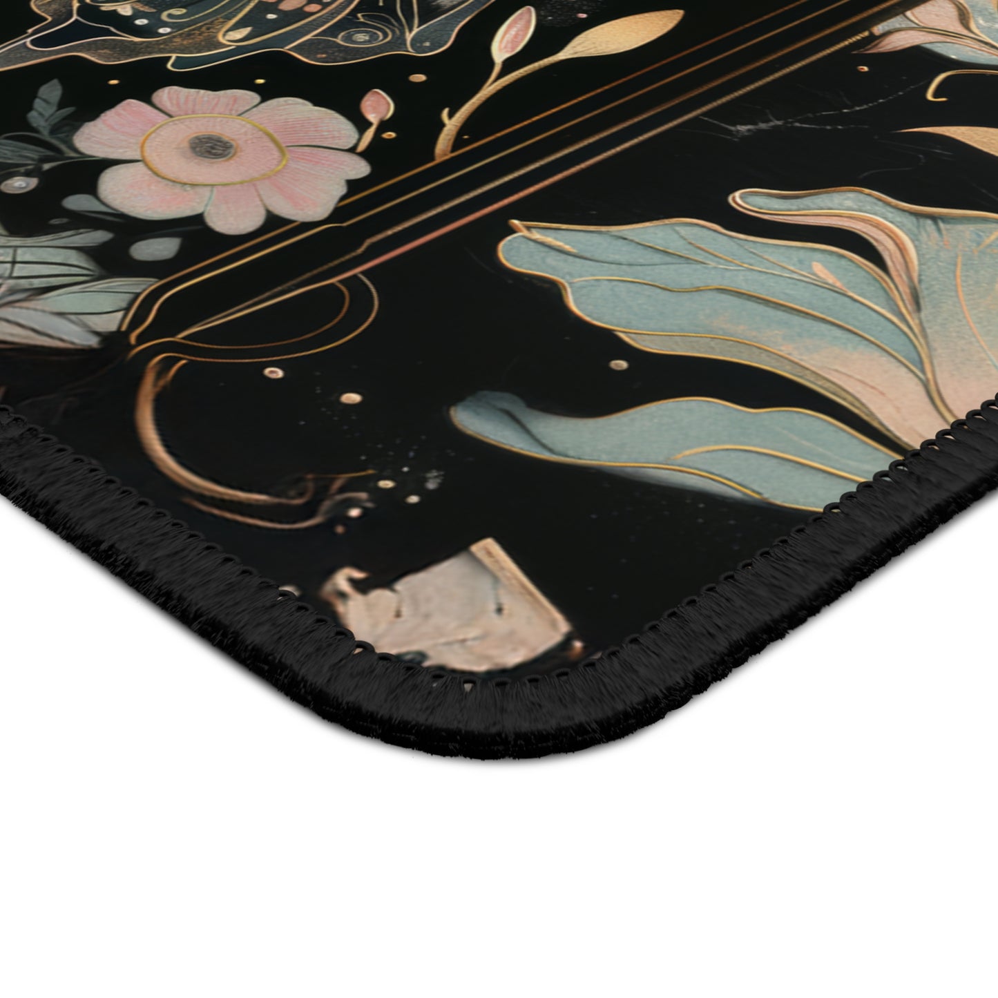 Golden Nocturne Art Nouveau Butterfly and Moonlit Floral Gaming Mouse Pad with Finished Edges