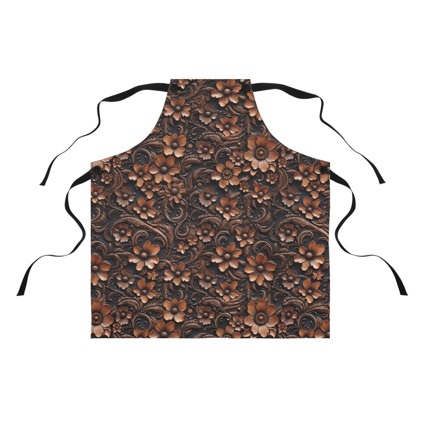 Tooled Deep Brown Leather Flowers Print Design Kitchen Chef Apron