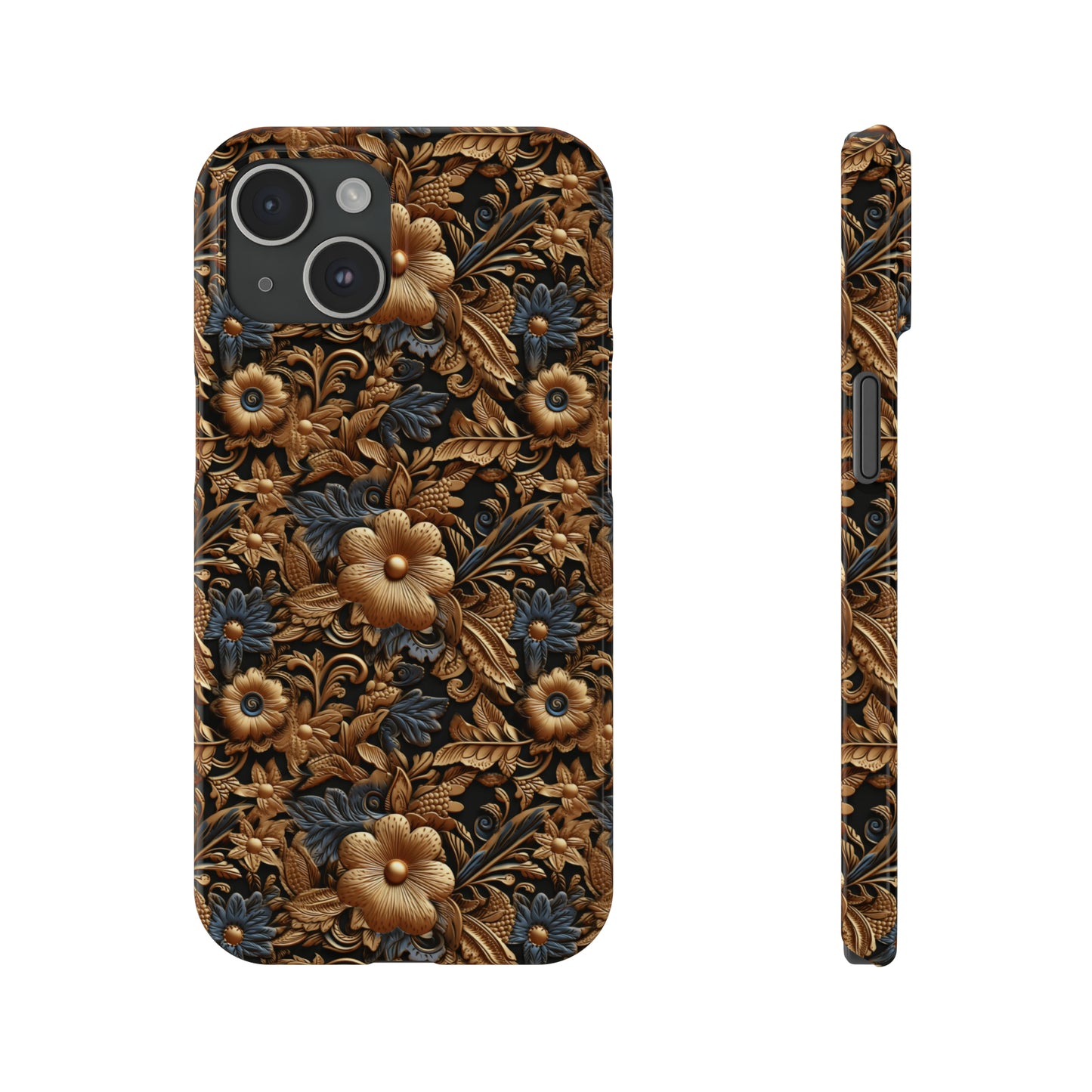 Tooled Leather Gold Flowers with Blue Leaves Accent Print Design Iphone 15-12 Slim Phone Case