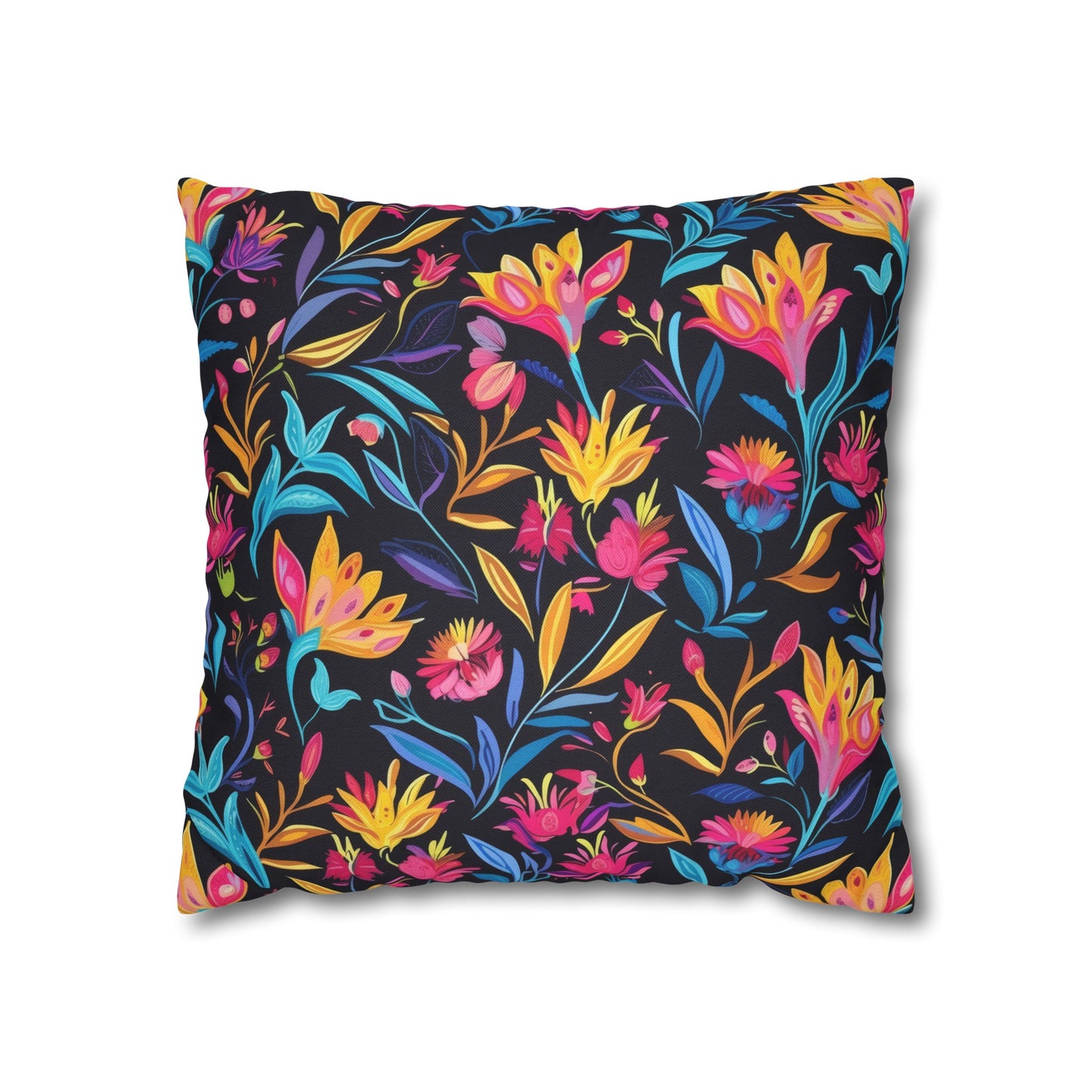 Vibrant Floral Fantasy in Midnight Garden Design Spun Polyester Square Pillowcase 4 Sizes