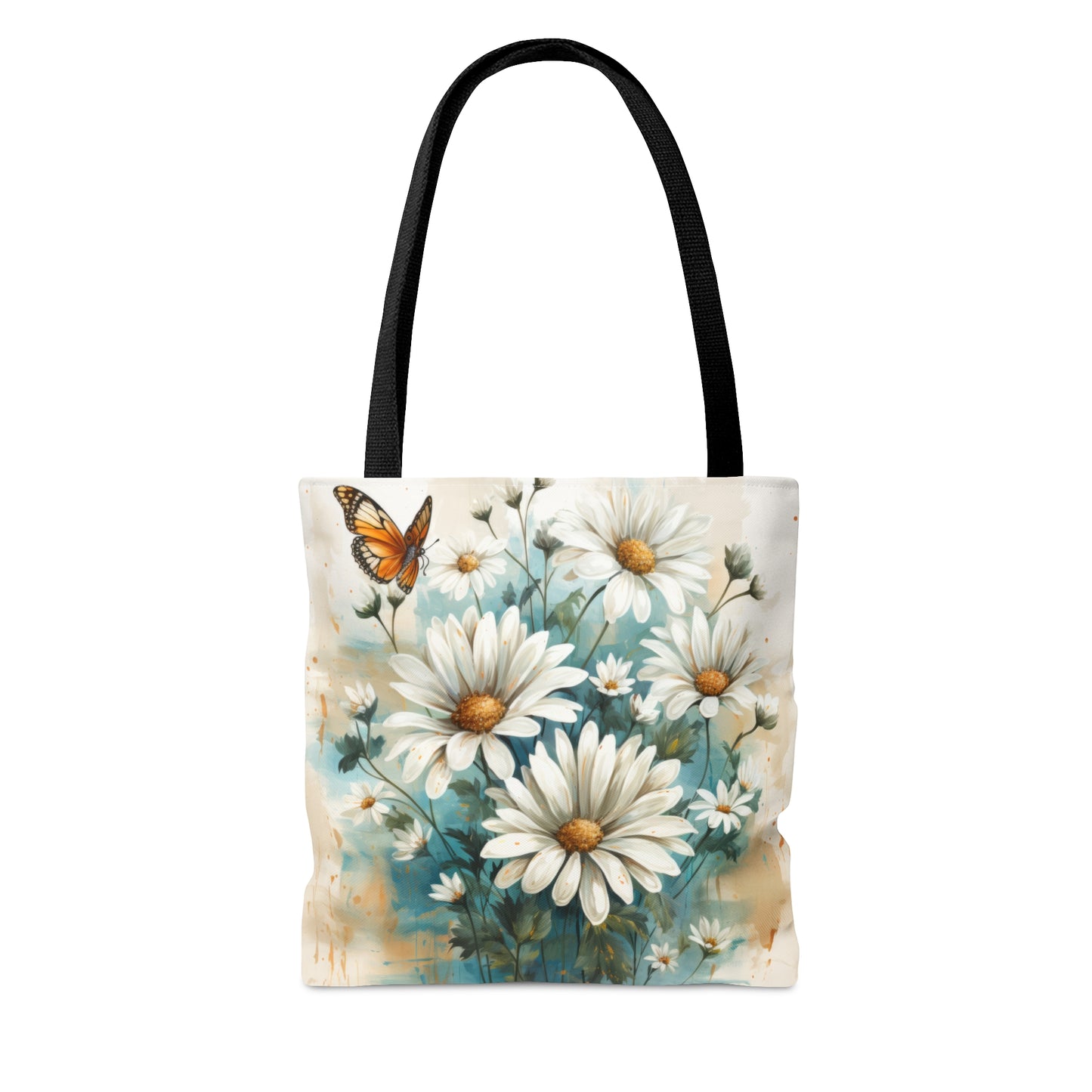 Rustic Farmhouse Teal and White Wild Daisies and Butterflies - Canvas Tote 3 Sizes