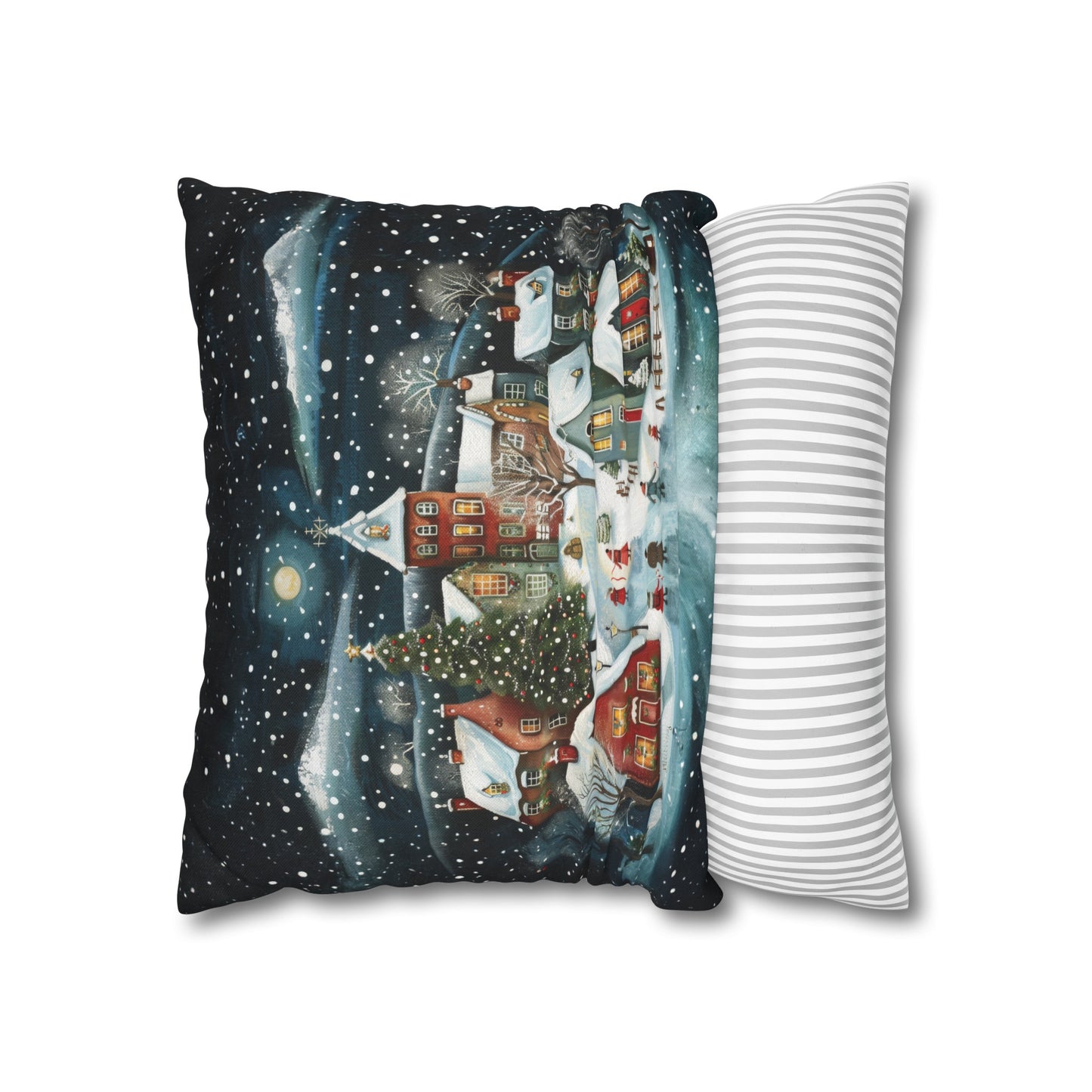 Midnight Magic: Winter Town Aglow with Christmas Decorations and Tree Spun Polyester Square Pillowcase 4 Sizes