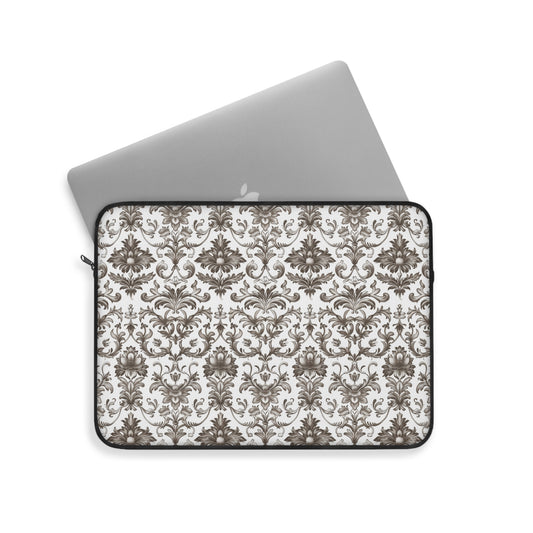 Timeless Rococo Elegance in Detailed Brown and White Floral Pattern Laptop or Ipad Protective Sleeve 3 Sizes Available